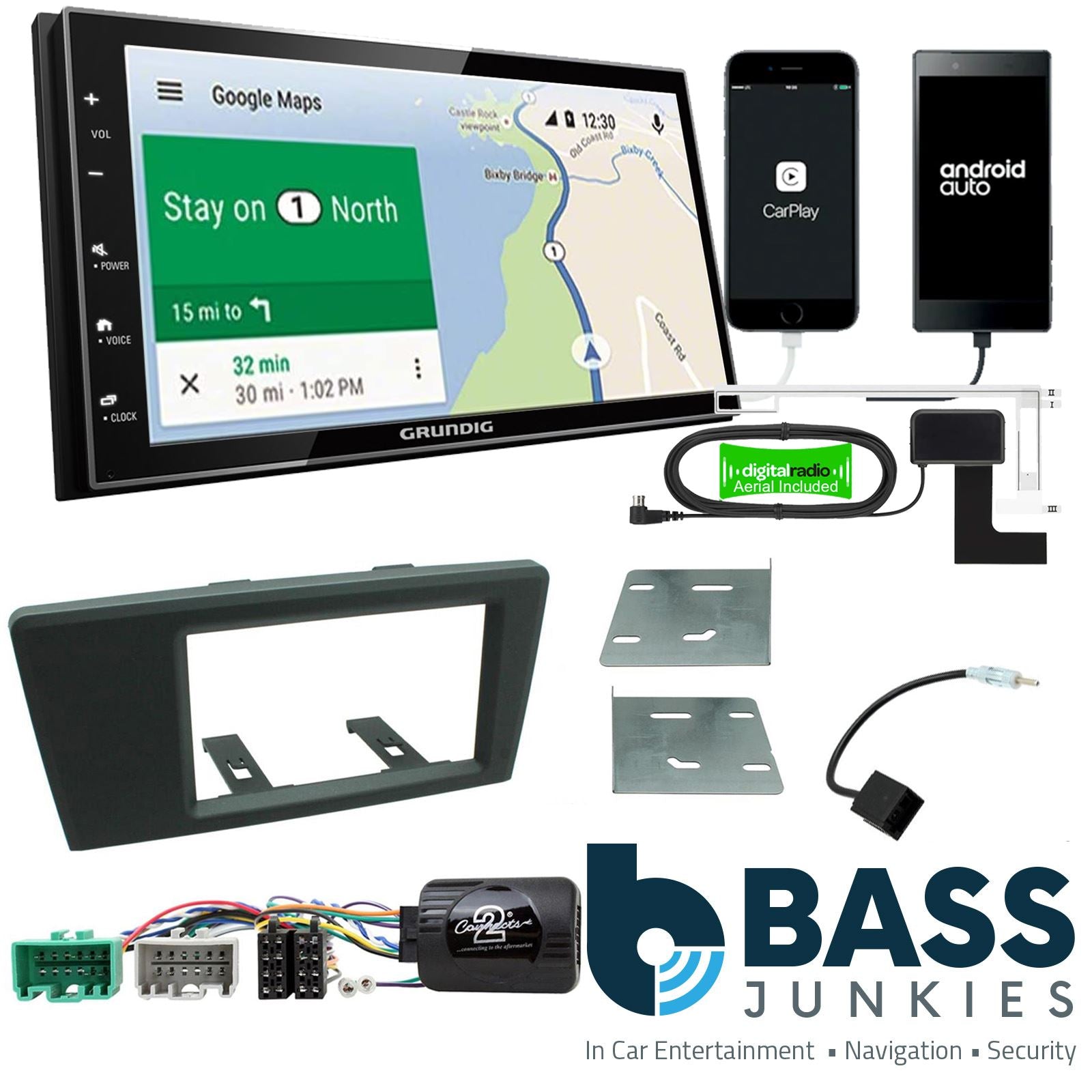 Grundig 6.8" Apple Android Double Din Stereo Fitting Kit + Steering Wheel Stalk Controls to fit Volvo S60 2000-04 | Volvo V70 2000-04