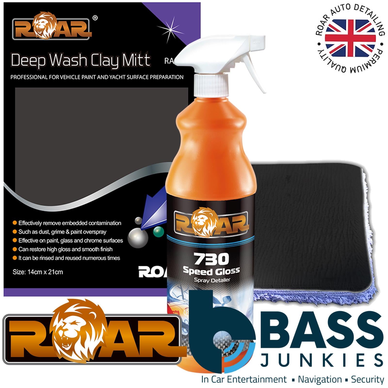 ROAR 730 & RA117 Detailing Gloss & 14x21cm Clay Mitt Cleaning Set Ultimate Smooth Finish 1litre Quick Spray Detailing Fast Wash between Washes, freshen your paintwork quickly in between washes