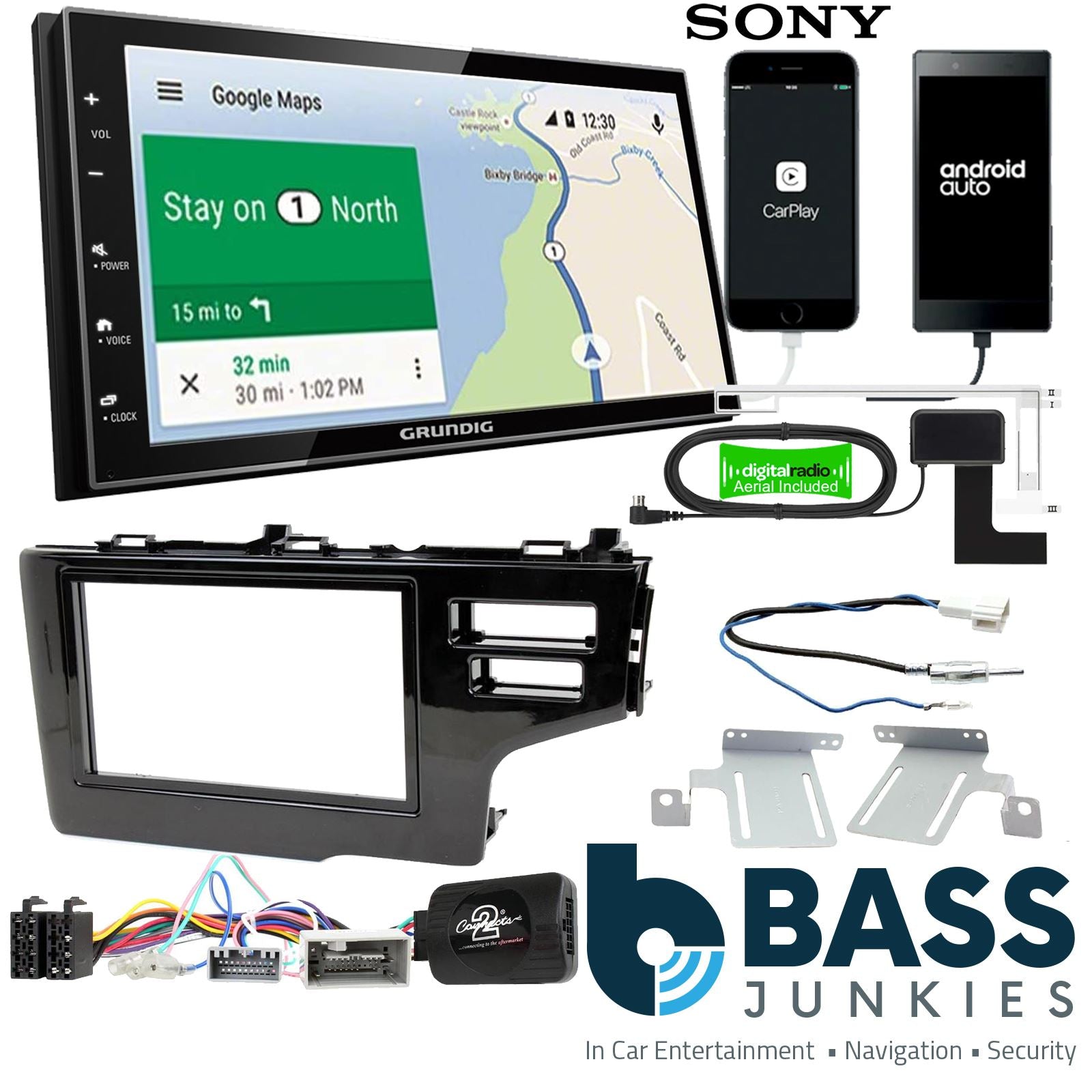Grundig 6.8" Apple Android Double Din Stereo Fitting Kit + Steering Wheel Stalk Controls to fit Honda Fit 2015- | Honda Jazz 2014-