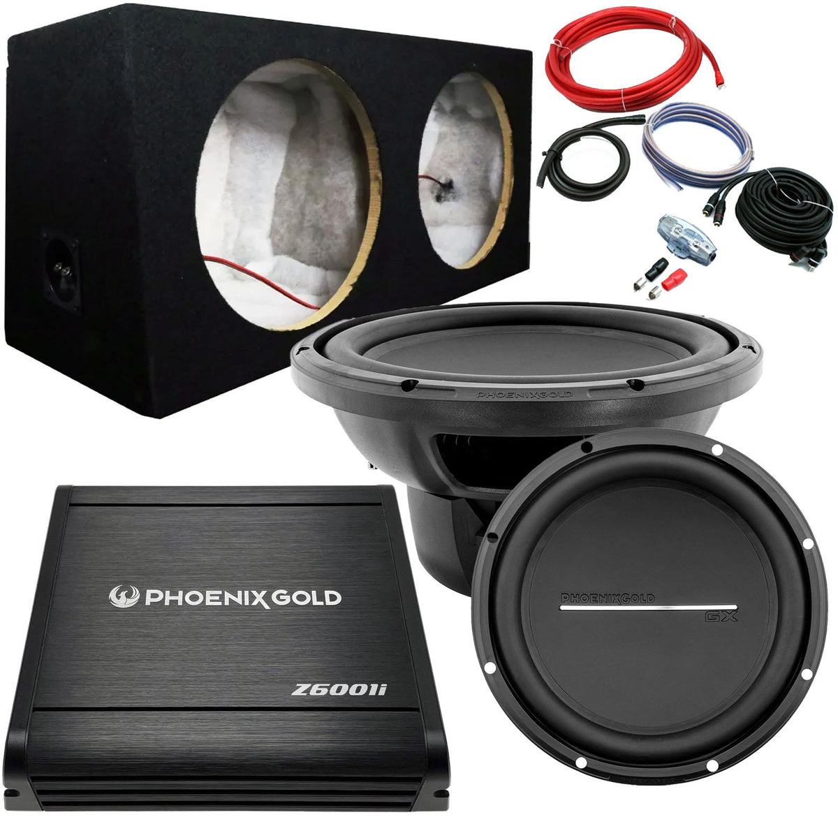 Phoenix Gold GX12D4 12" 1600W Subwoofer Pair 600W Amp Dual 12" Box & Wiring Kit
