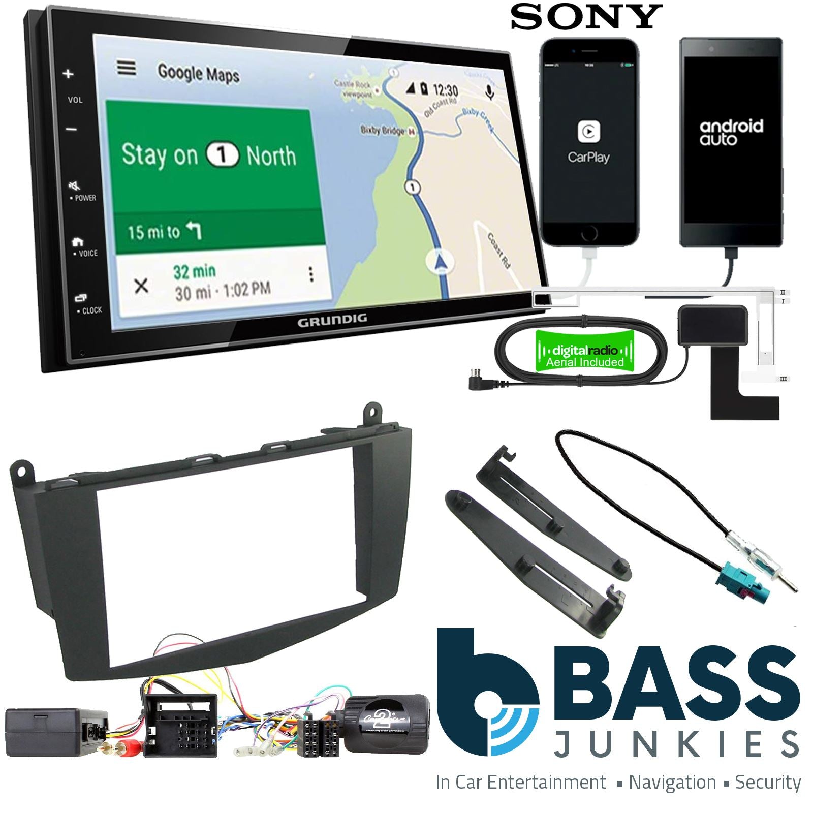 Grundig 6.8" Apple Android Double Din Stereo Fitting Kit + Steering Wheel Stalk Controls to fit Mercedes C-Class 2007-11