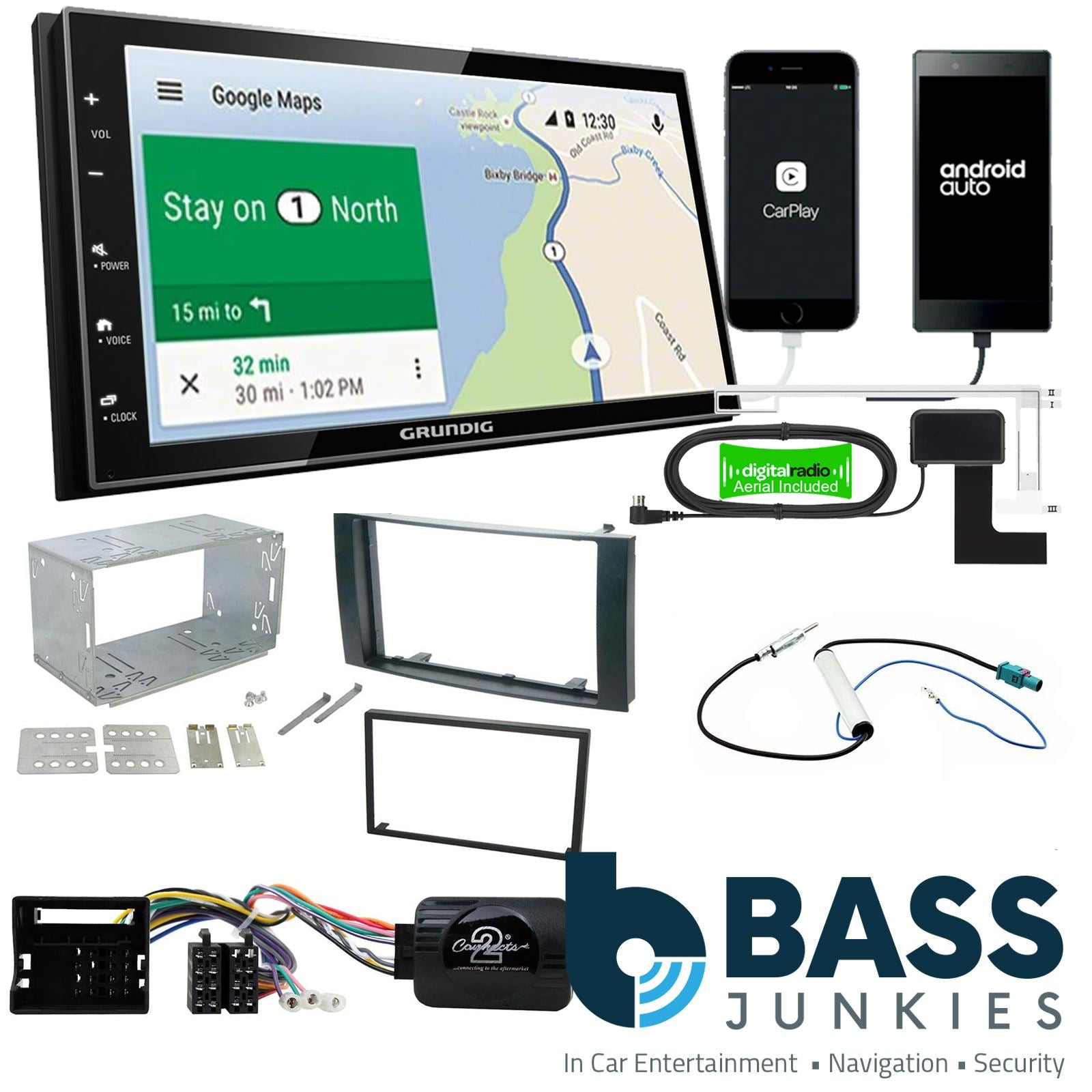 Grundig 6.8" Apple Android Double Din Stereo Fitting Kit + Steering Wheel Stalk Controls to fit VW Touareg 2003-10