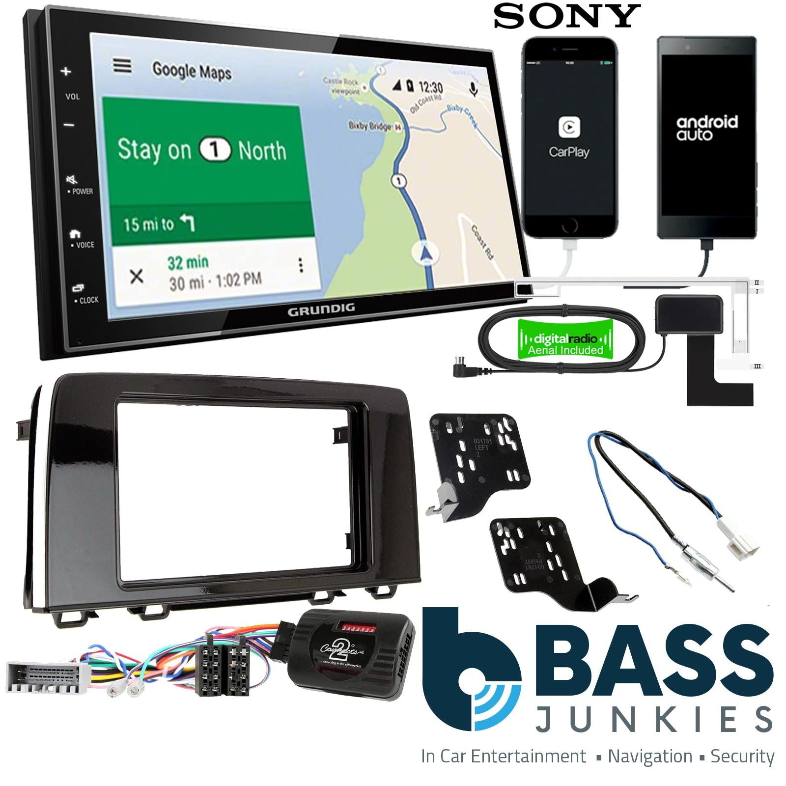 Grundig 6.8" Apple Android Double Din Stereo Fitting Kit + Steering Wheel Stalk Controls to fit Honda CR-V 2017-