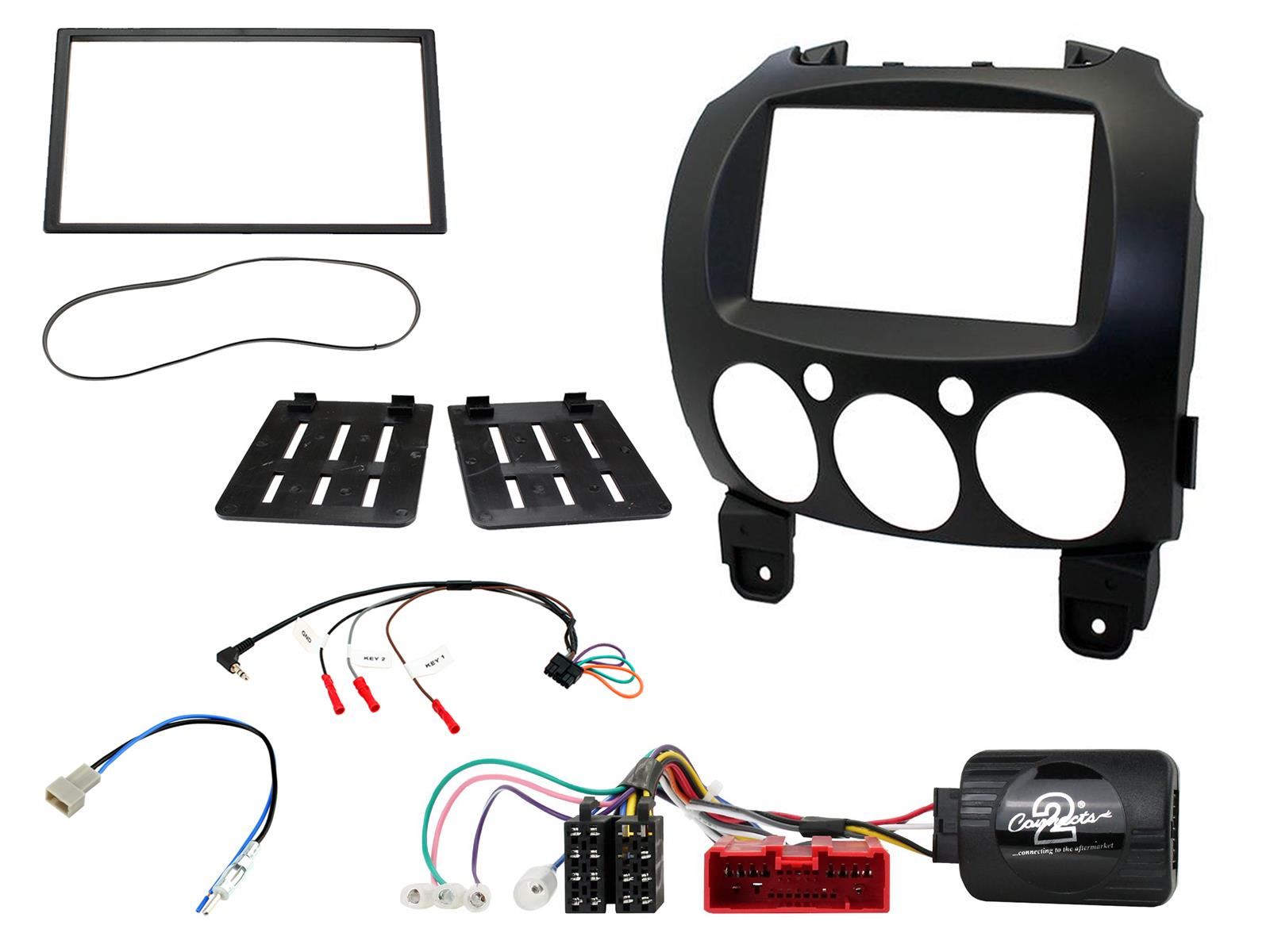Double Din Stereo Fitting Kit + Steering Wheel Stalk Controls to fit Mazda 2 2008-14