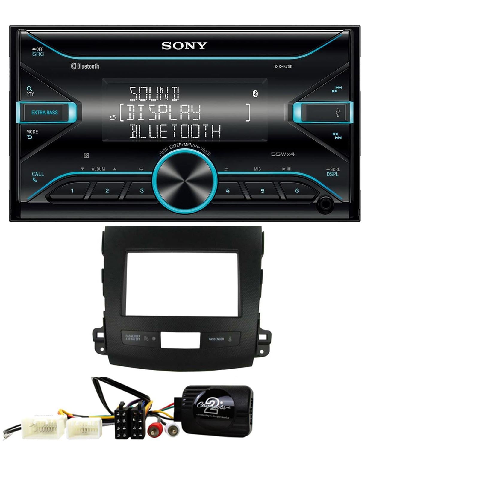 Sony DSX-B700 Bluetooth MP3 USB AUX 4 x 55W Double Din Car Stereo Radio Player + Connects2 Double Din + Steering Wheel Controls fits Mitsubishi Outlander 2010-13