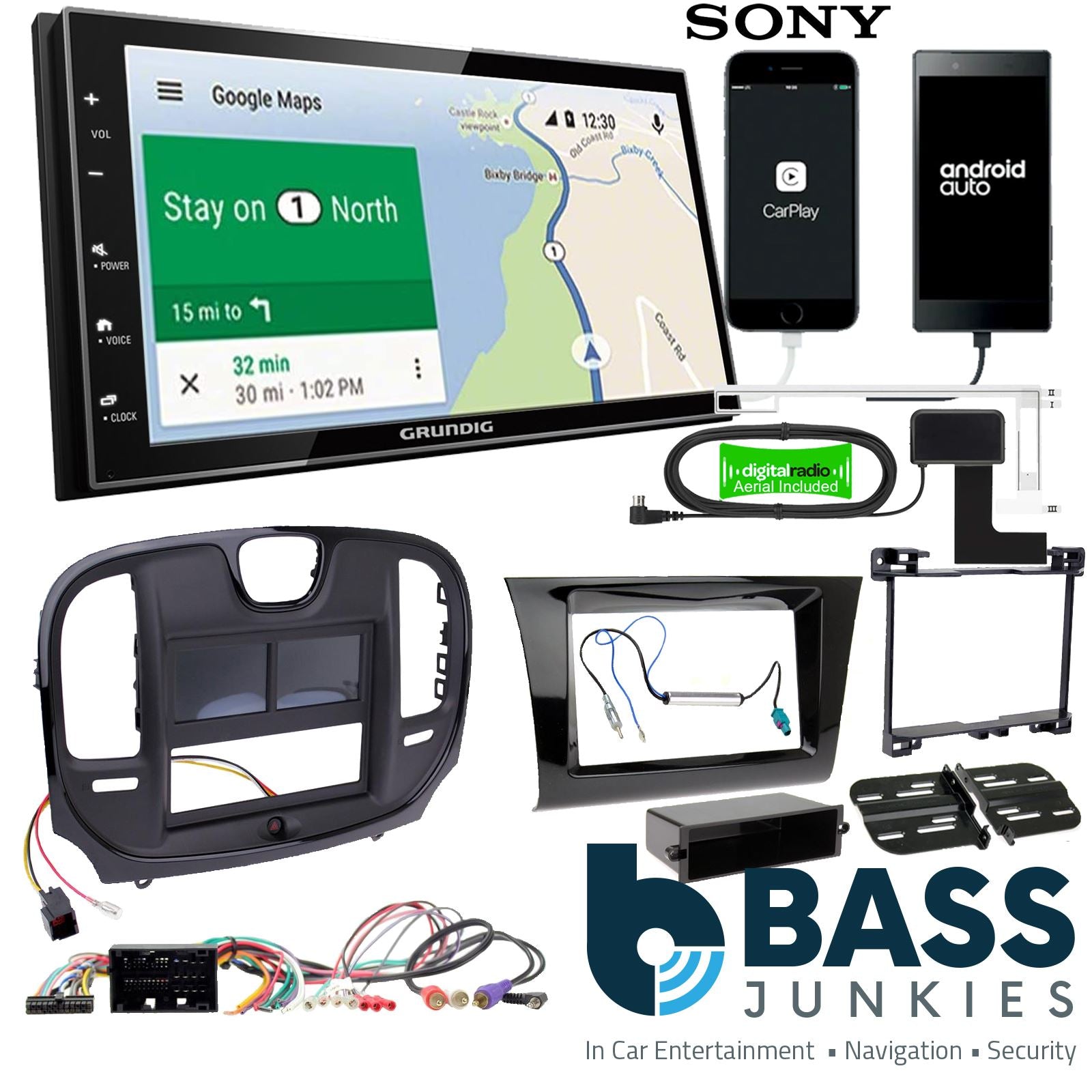 Grundig 6.8" Apple Android Double Din Stereo Fitting Kit + Steering Wheel Stalk Controls to fit Chrysler 300 2015-21