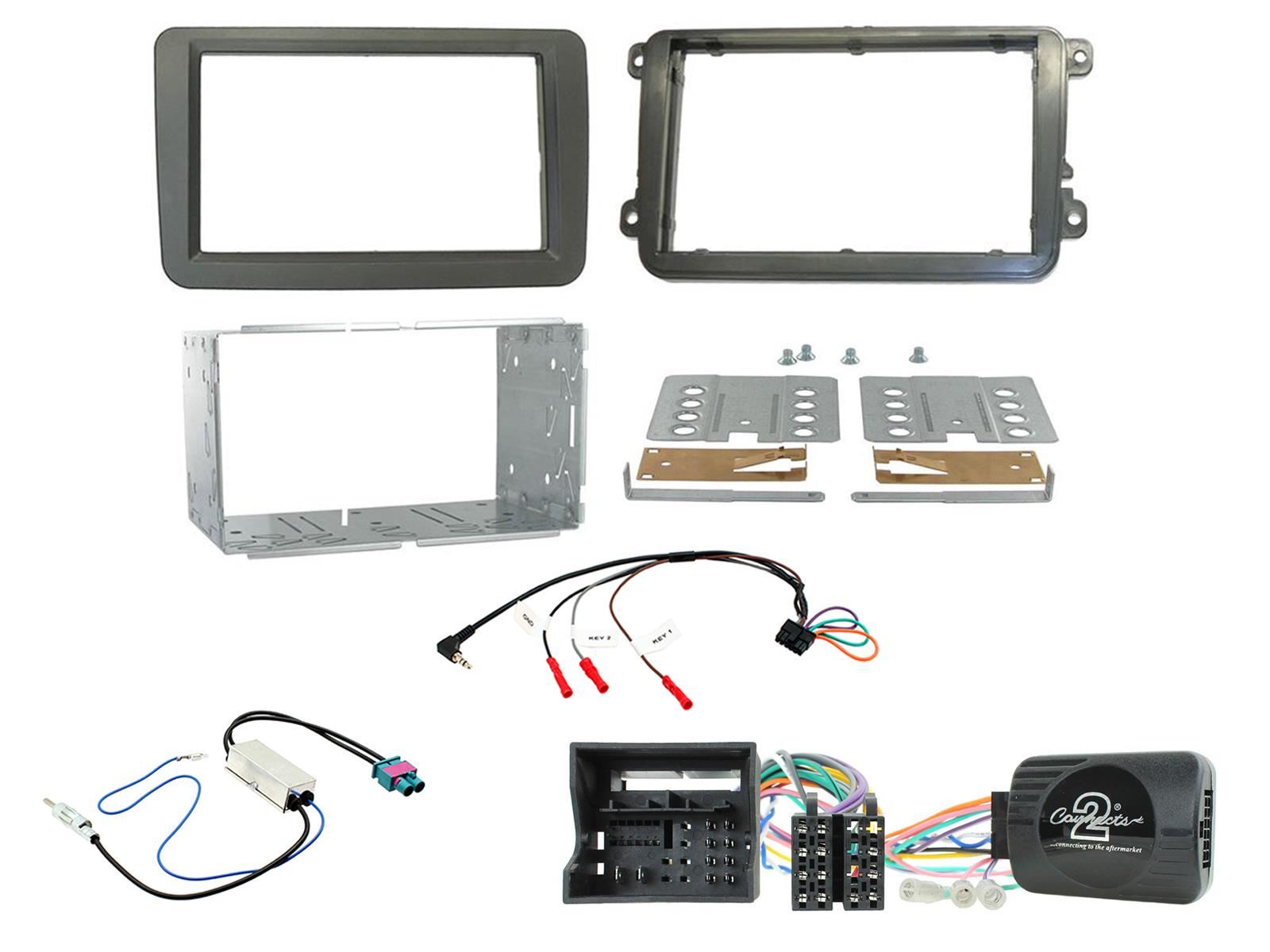 Connects2 CTKVW16 - Volkswagen Transporter T6 Caddy Sharan Tiguan Bettle Jetta Double Din Fascia Panel Aerial Adaptor & Steering Wheel Interface Installation Kit