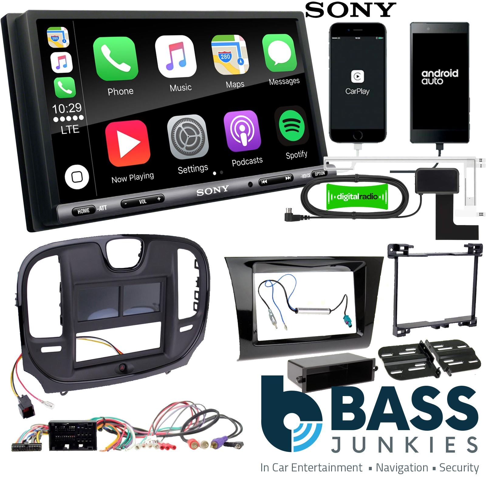SONY DAB+ Apple | Android Double Din Stereo Fitting Kit + Steering Wheel Stalk Controls to fit Chrysler 300 2015-21