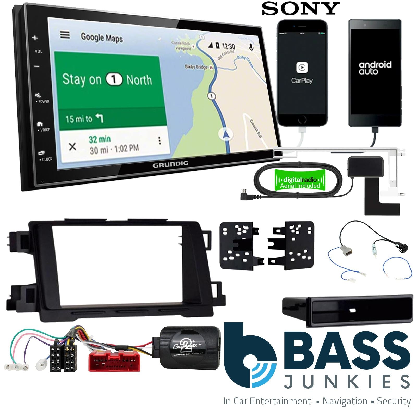 Grundig 6.8" Apple Android Double Din Stereo Fitting Kit + Steering Wheel Stalk Controls to fit Mazda CX-5 2012-17