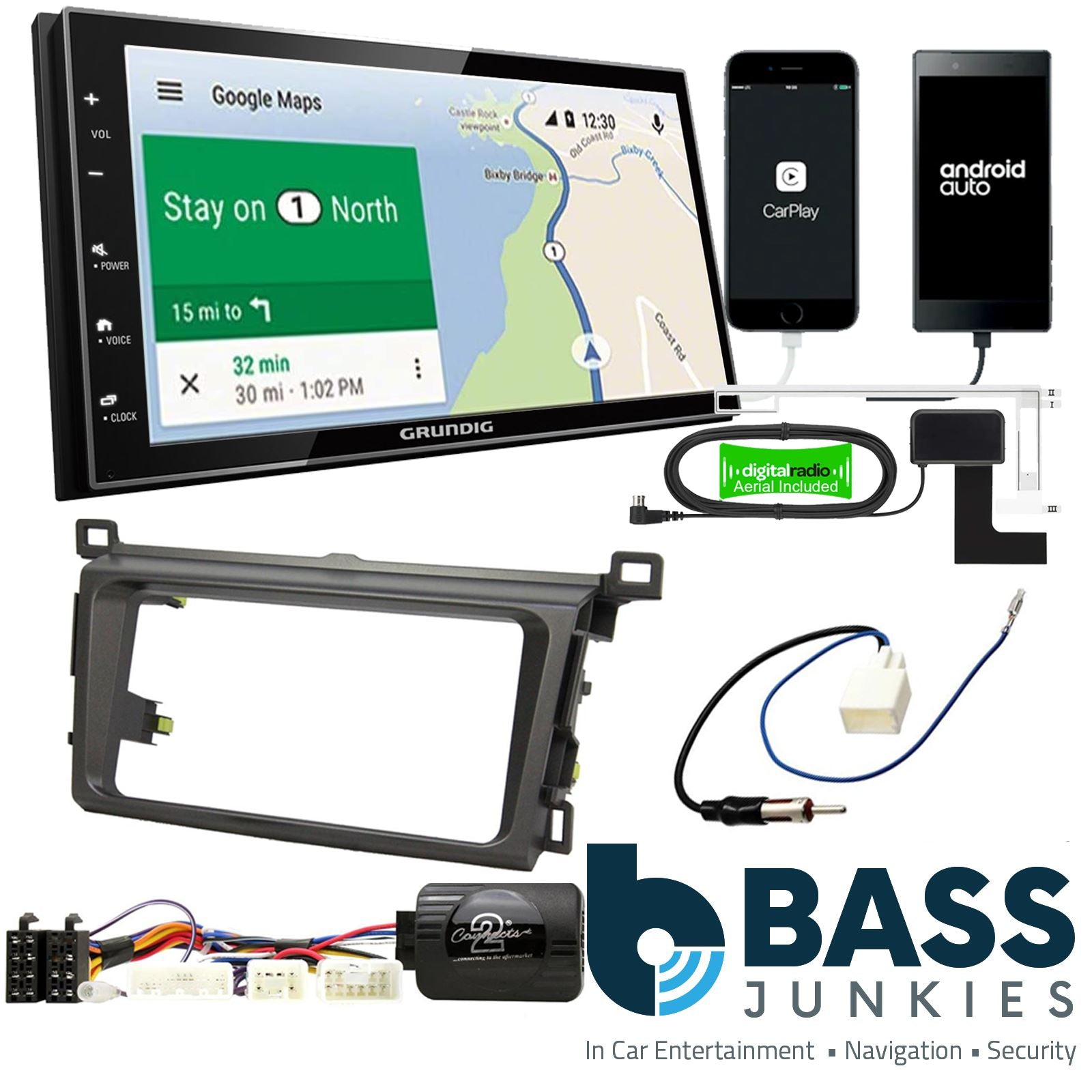 Grundig 6.8" Apple Android Double Din Stereo Fitting Kit + Steering Wheel Stalk Controls to fit Toyota RAV4 2013-18