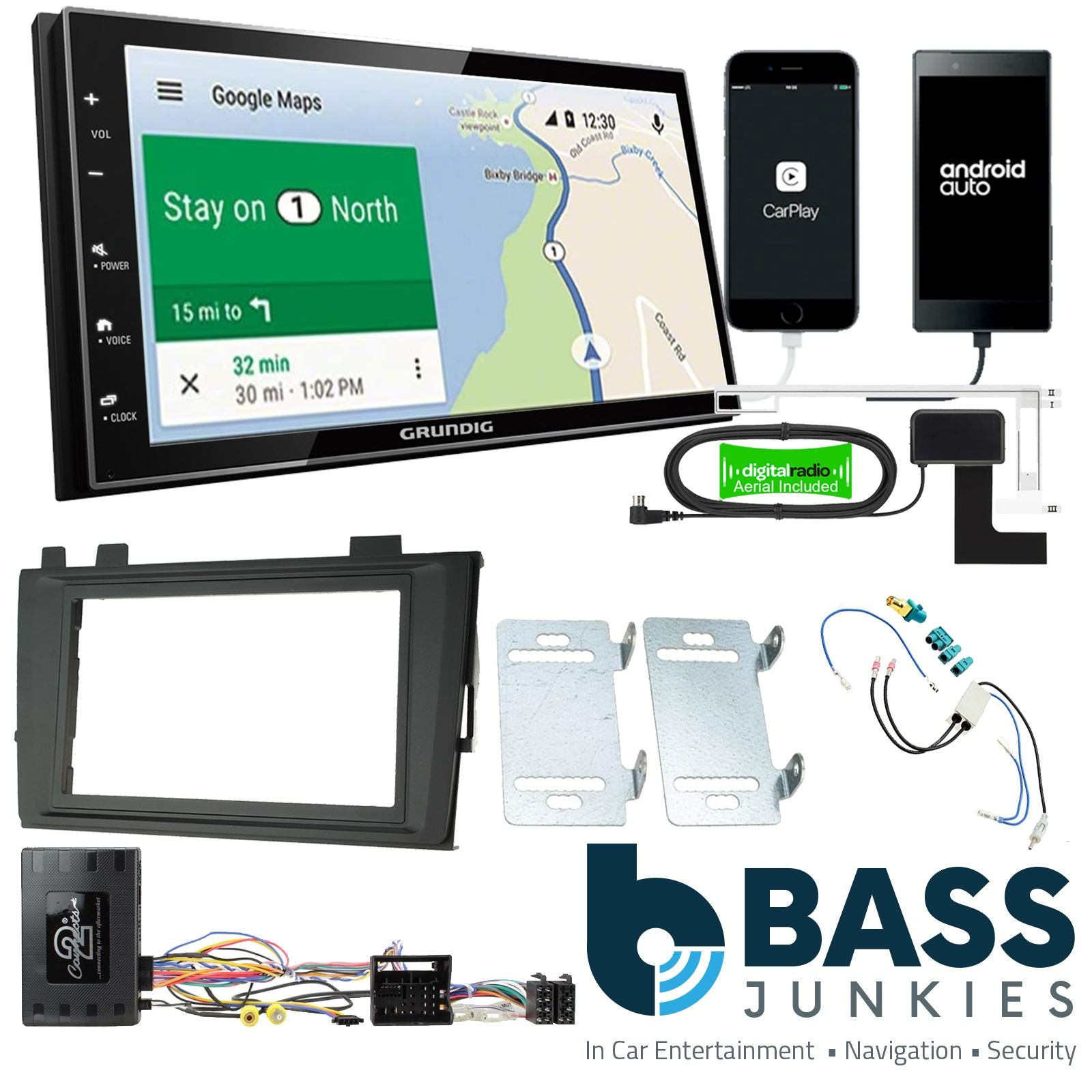 Grundig 6.8" Apple Android Double Din Stereo Fitting Kit + Steering Wheel Stalk Controls to fit VW Transporter 2019-