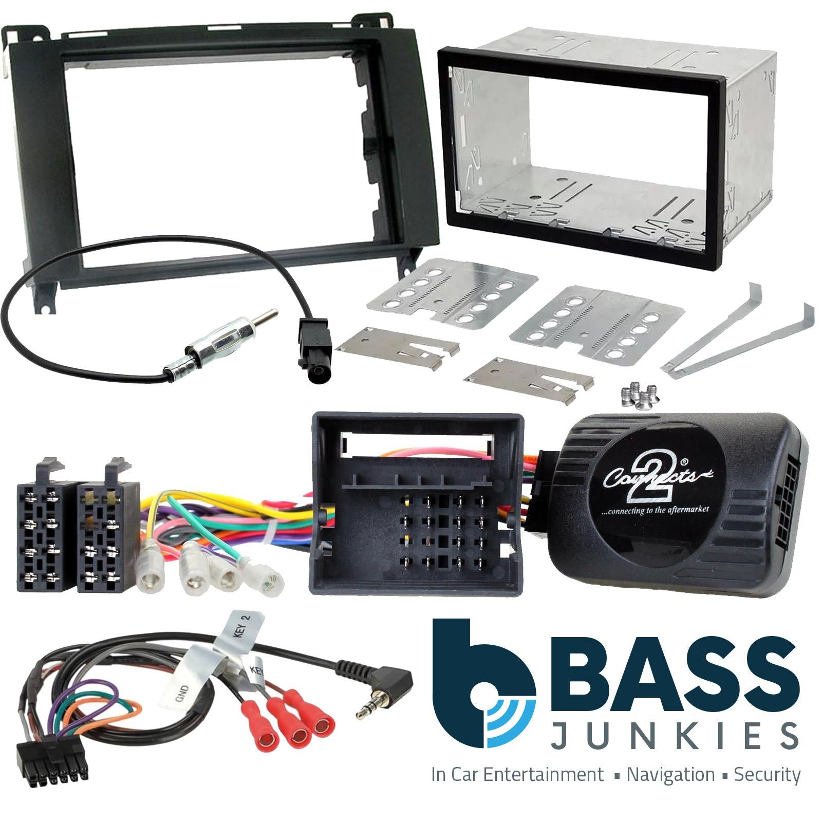 Double Din Stereo Fitting Kit + Steering Wheel Stalk Controls to fit Mercedes CLK 2004-09