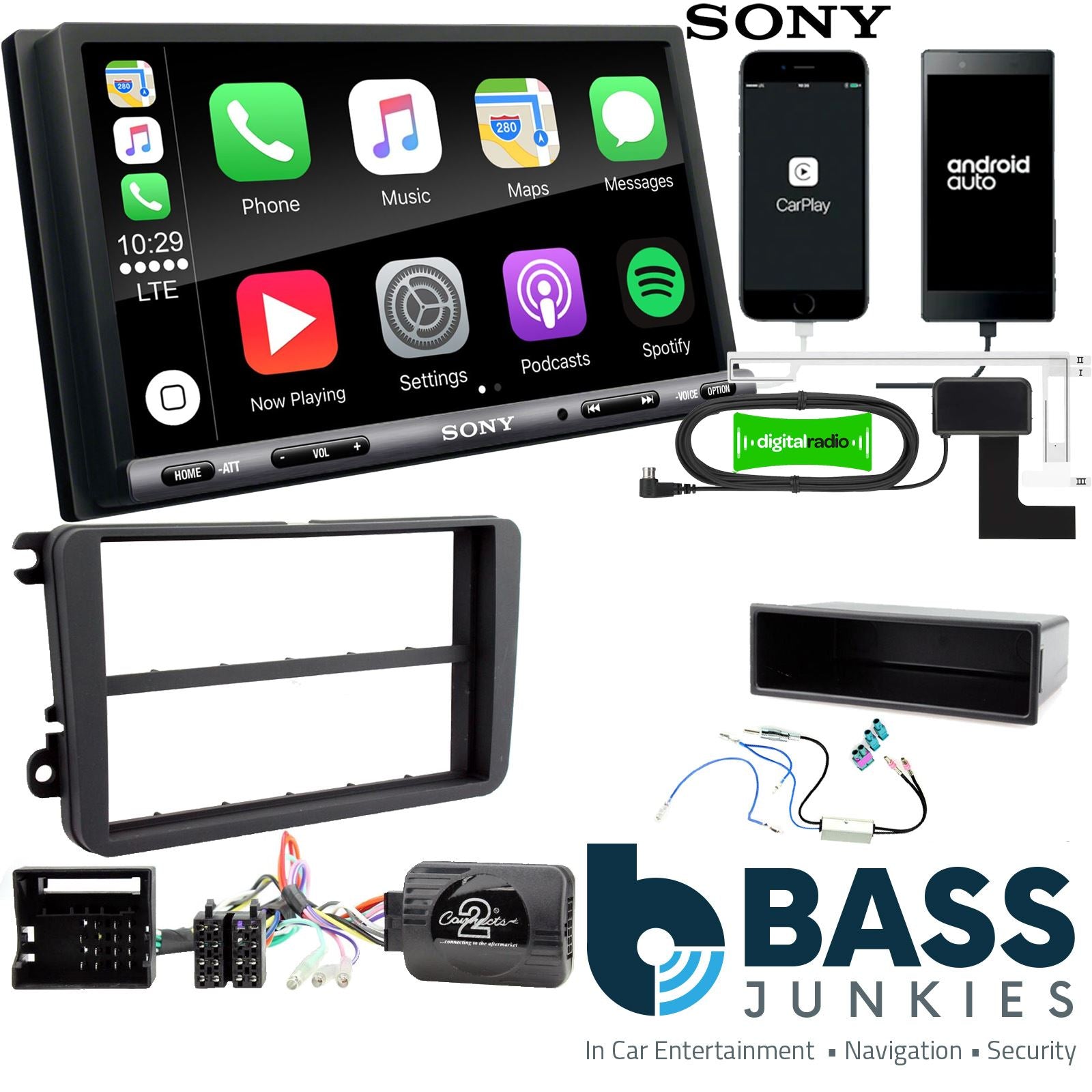 SONY DAB+ Apple | Android Double Din Stereo & Fitting Kit + Steering Wheel Stalk Controls to fit VW Passat 05-15 | Golf 03-13 | Touran 03-15 | Transporter 09-15 | Polo 09-14 | Jetta 05-15 | EOS 06-16