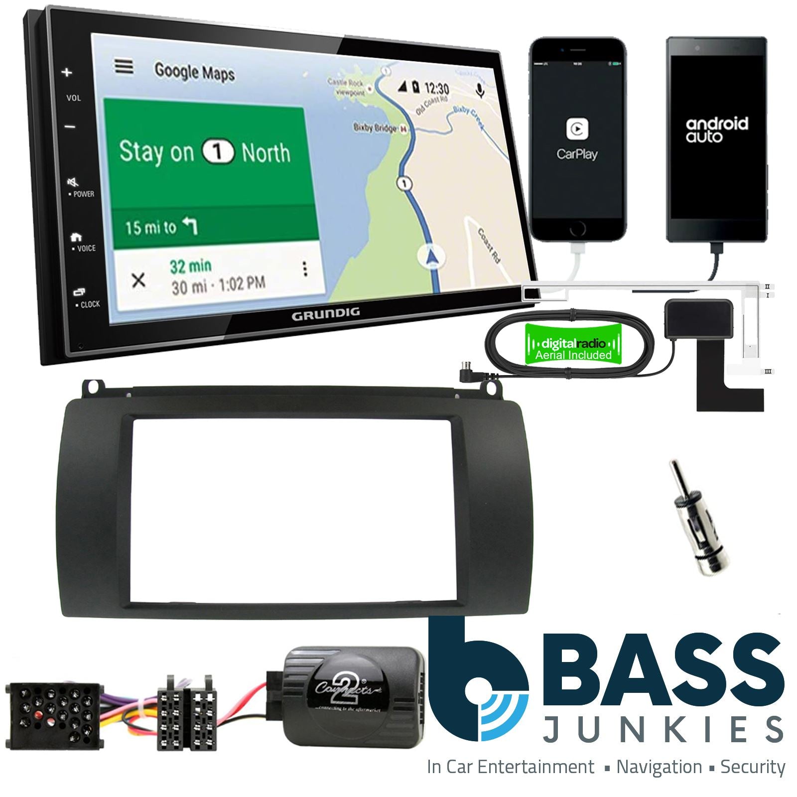 Grundig 6.8" Apple Android Double Din Stereo Fitting Kit + Steering Wheel Stalk Controls to fit Rover 75 2000-05