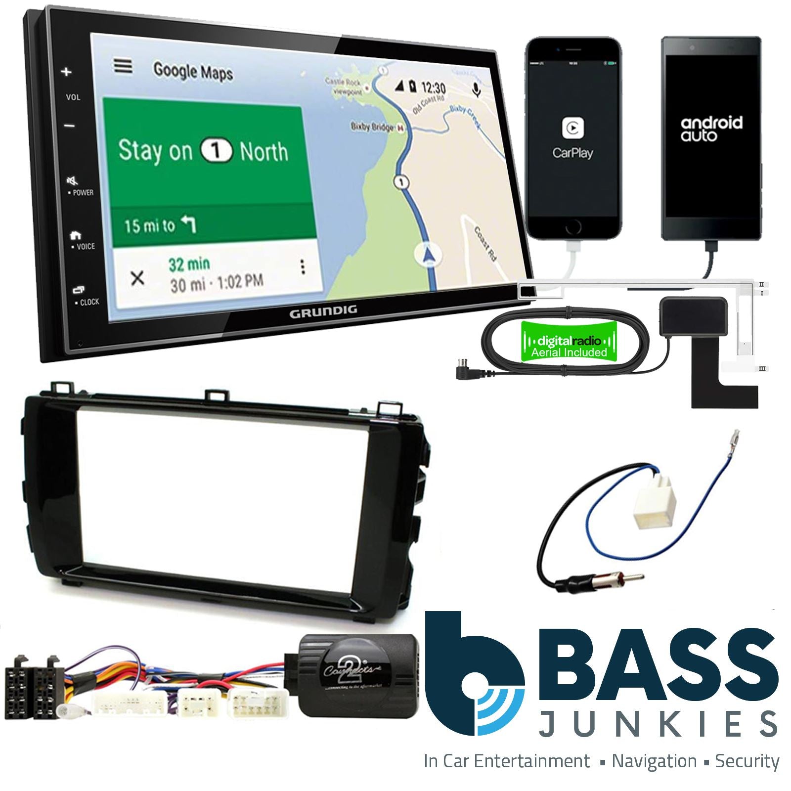 Grundig 6.8" Apple Android Double Din Stereo Fitting Kit + Steering Wheel Stalk Controls to fit Toyota Auris 2013-15