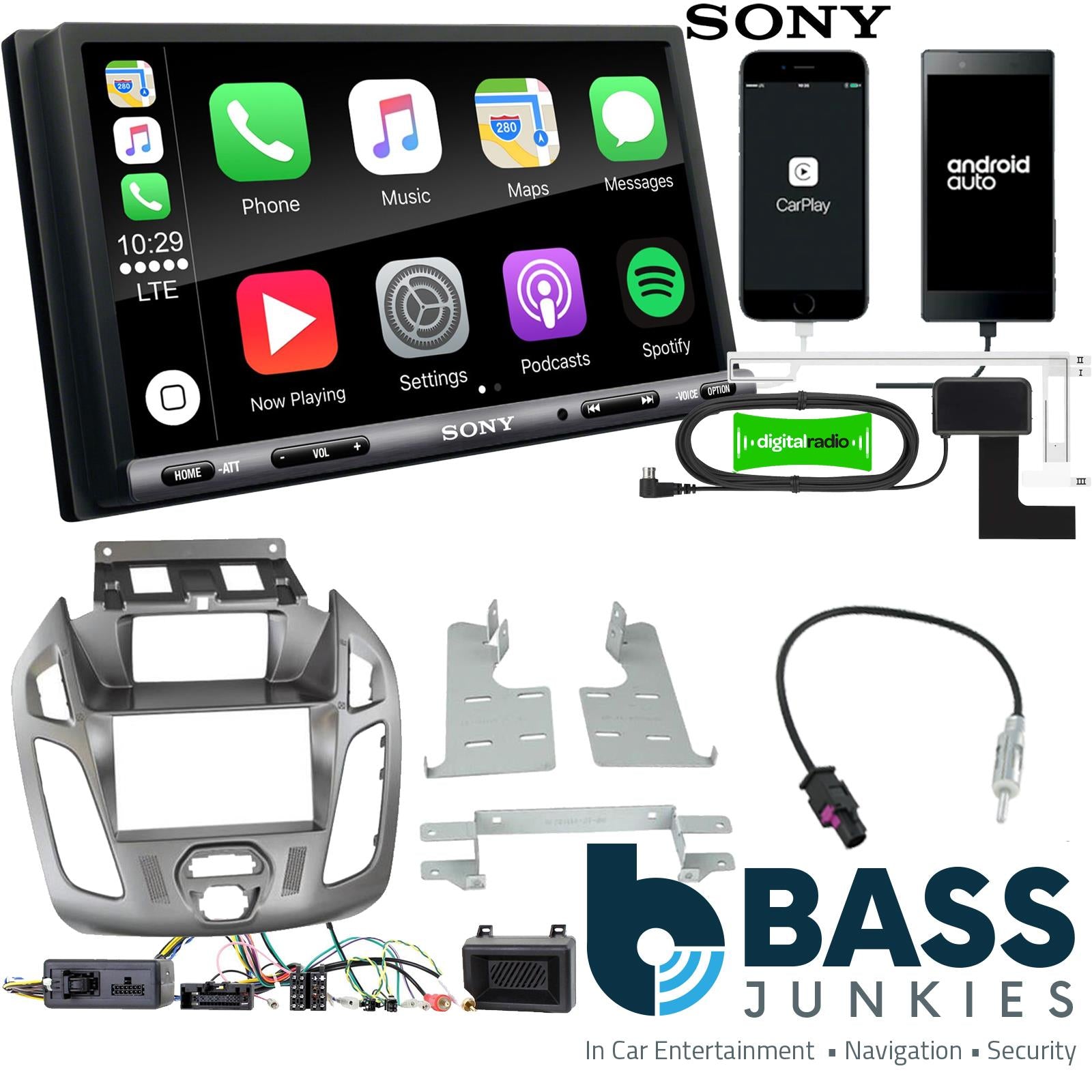 SONY DAB+ Apple | Android Double Din Stereo Fitting Kit + Steering Wheel Stalk Controls to fit Ford Transit-Connect 13-21