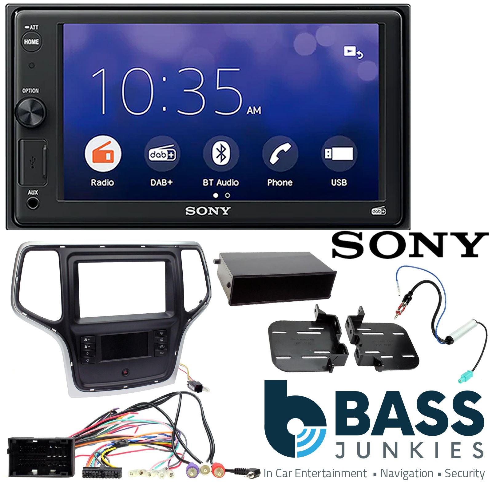 SONY 6.2" Screen Blutooth Double Din Stereo Fitting Kit + Steering Wheel Stalk Controls to fit Jeep Grand-Cherokee 14-21