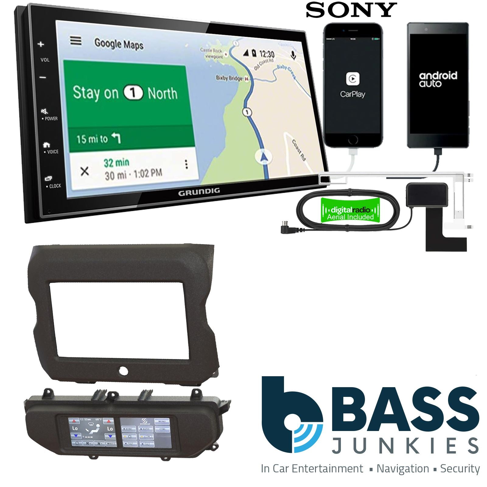 Grundig 6.8" Apple Android Double Din Stereo Fitting Kit + Steering Wheel Stalk Controls to fit Jeep Wrangler 2018-