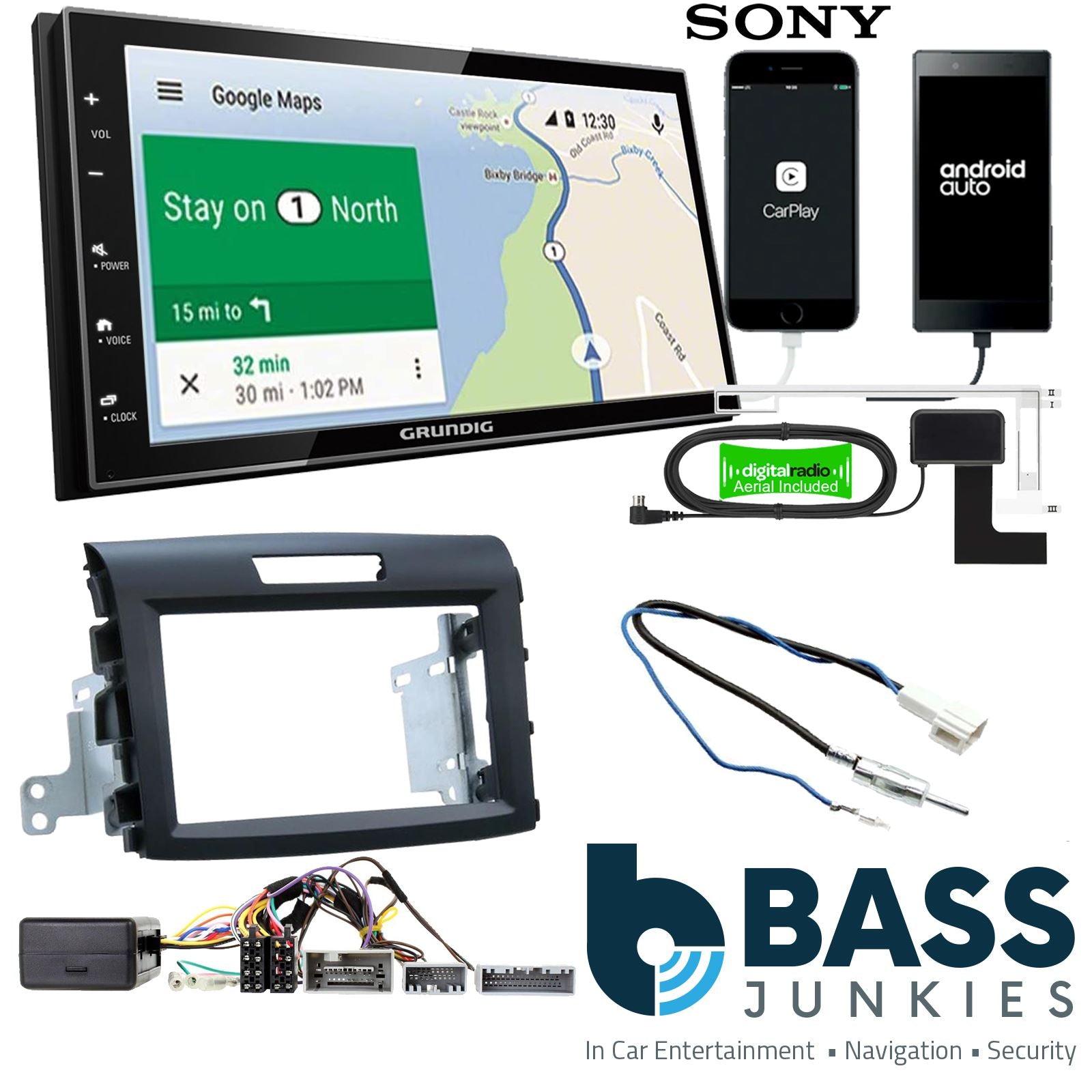 Grundig 6.8" Apple Android Double Din Stereo Fitting Kit + Steering Wheel Stalk Controls to fit Honda CR-V 2012-