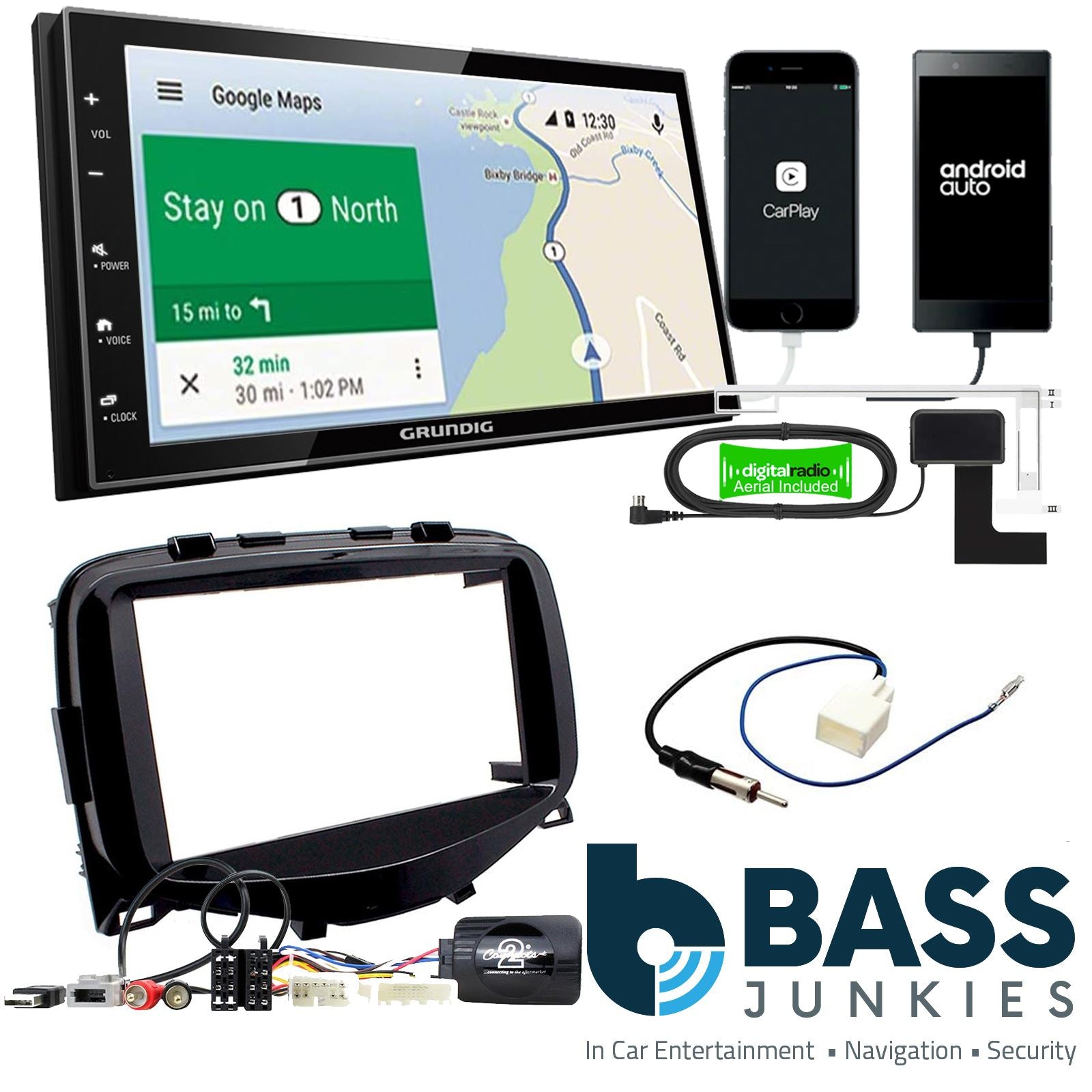 Grundig 6.8" Apple Android Double Din Stereo Fitting Kit + Steering Wheel Stalk Controls to fit Toyota Aygo 2014-18