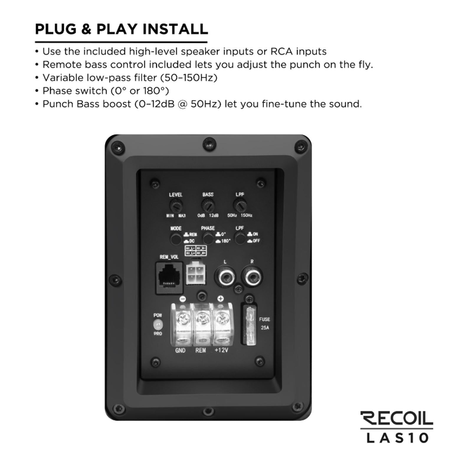 Recoil LAS10 - 10" Shallow Amplified Active 600 Watts Car Van Bass Box Subwoofer Enclosure