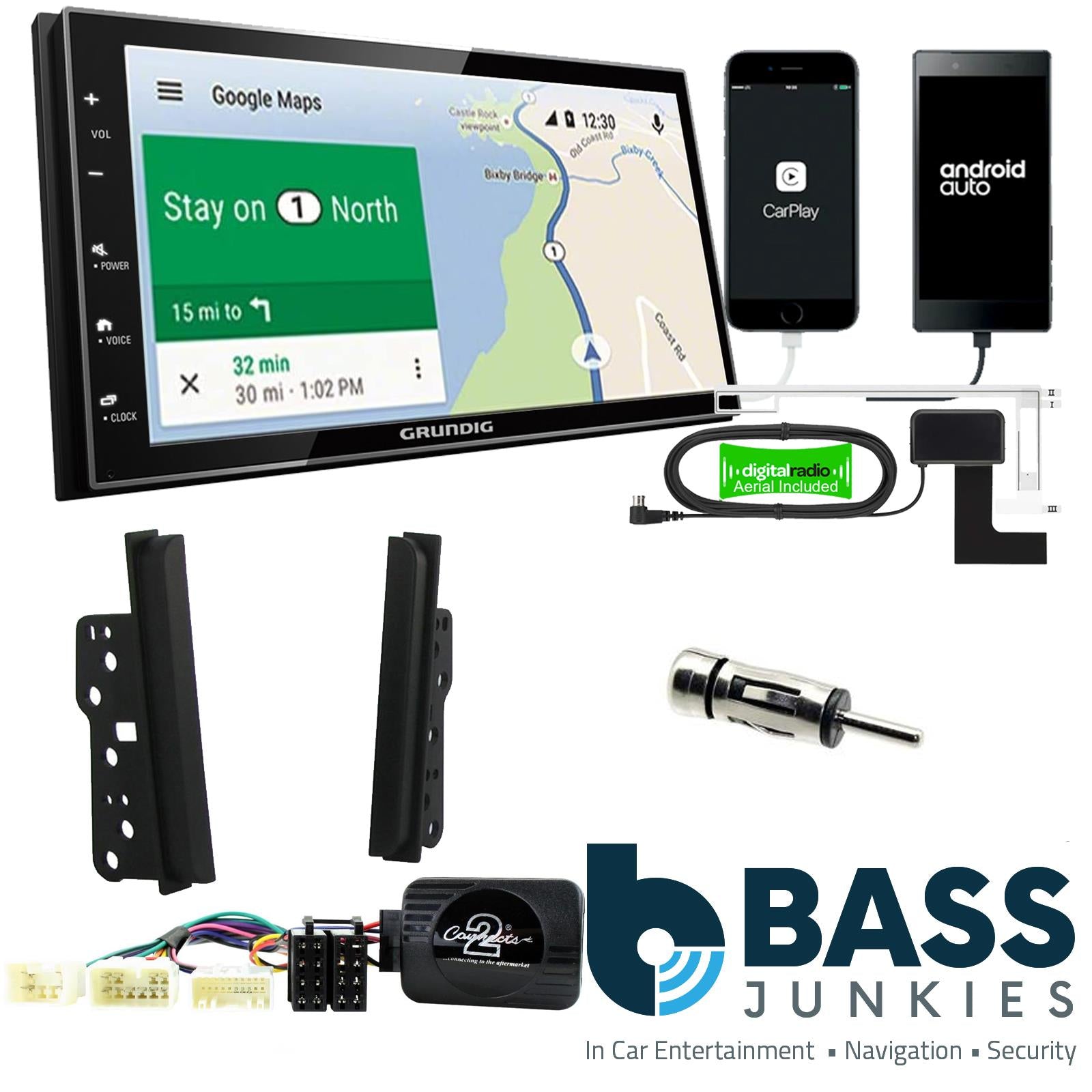 Grundig 6.8" Apple Android Double Din Stereo Fitting Kit + Steering Wheel Stalk Controls to fit Toyota RAV4 2001-06 | Toyota MR2 2000-03 | Toyota Celica 1999-05