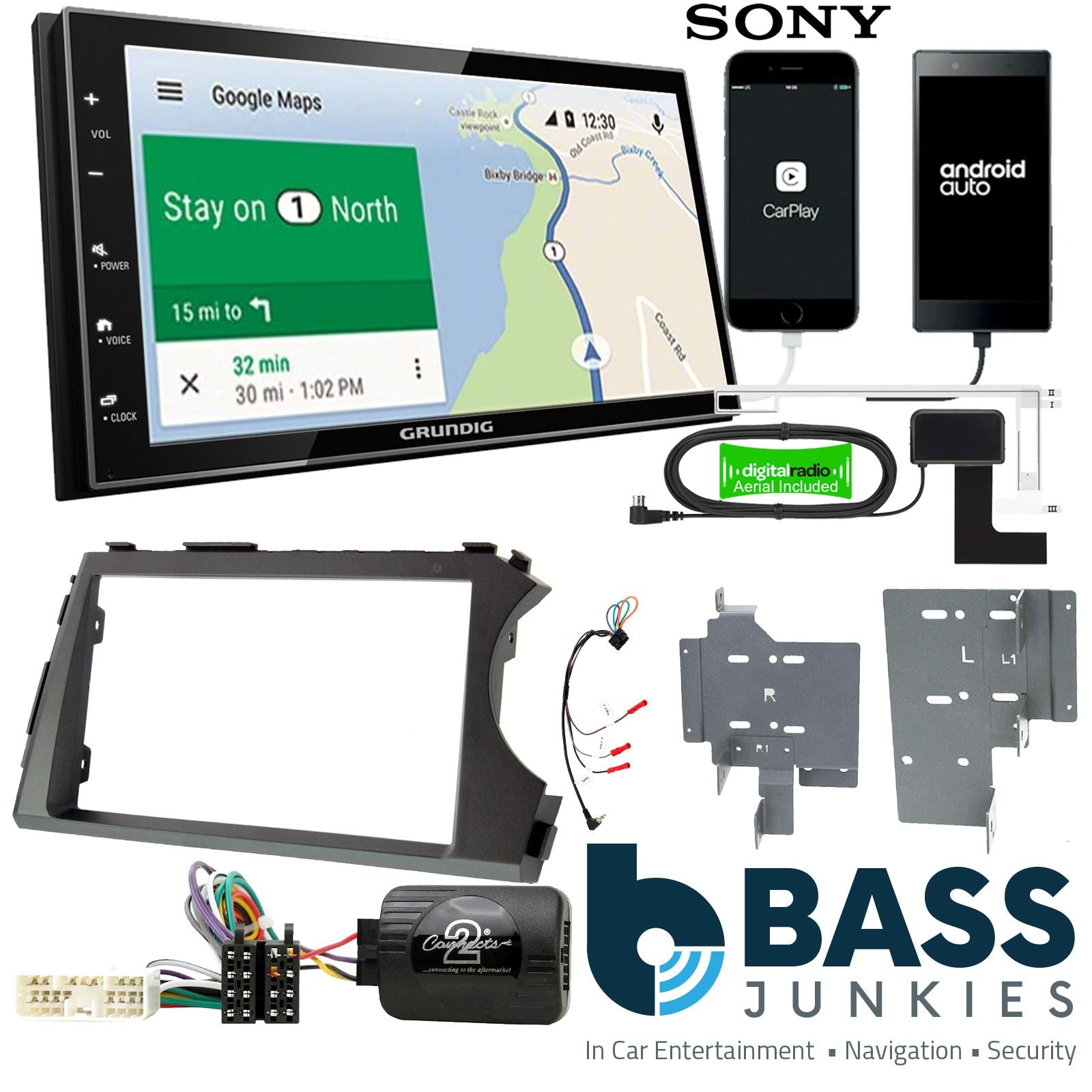 Grundig 6.8" Apple Android Double Din Stereo Fitting Kit + Steering Wheel Stalk Controls to fit SsangYong Korando-Sport 10-13