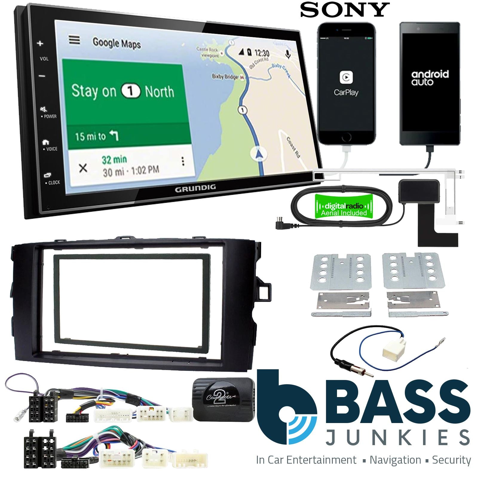 Grundig 6.8" Apple Android Double Din Stereo Fitting Kit + Steering Wheel Stalk Controls to fit Toyota Auris 2007-12
