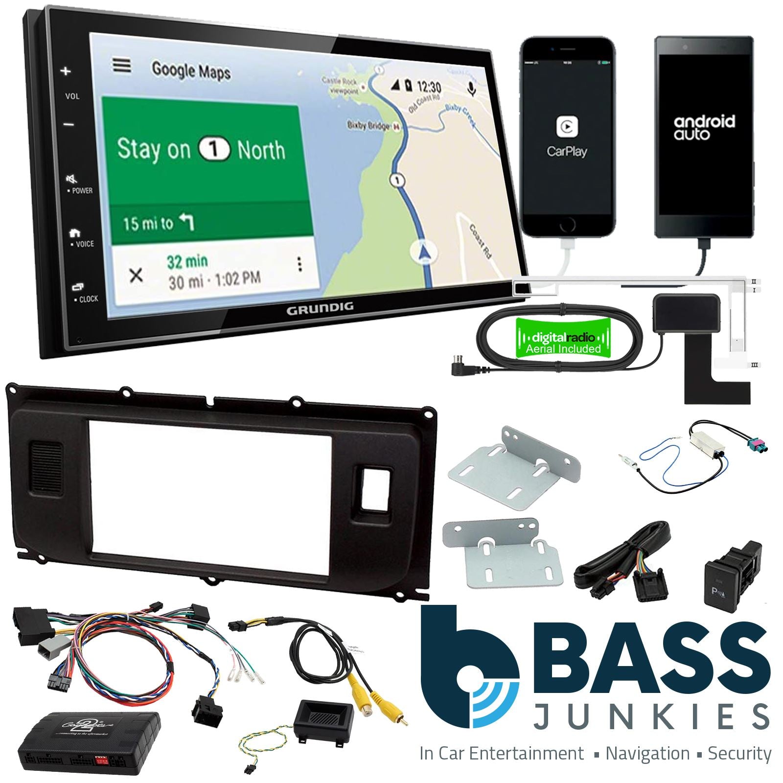 Grundig 6.8" Apple Android Double Din Stereo Fitting Kit + Steering Wheel Stalk Controls to fit Land Rover Evoque 11-14