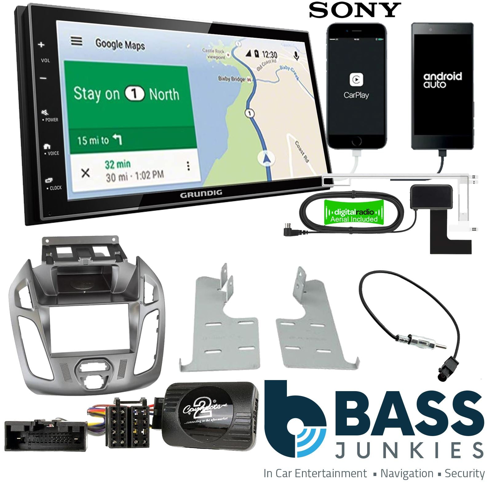 Grundig 6.8" Apple Android Double Din Stereo Fitting Kit + Steering Wheel Stalk Controls to fit Ford Transit-Connect 13-21