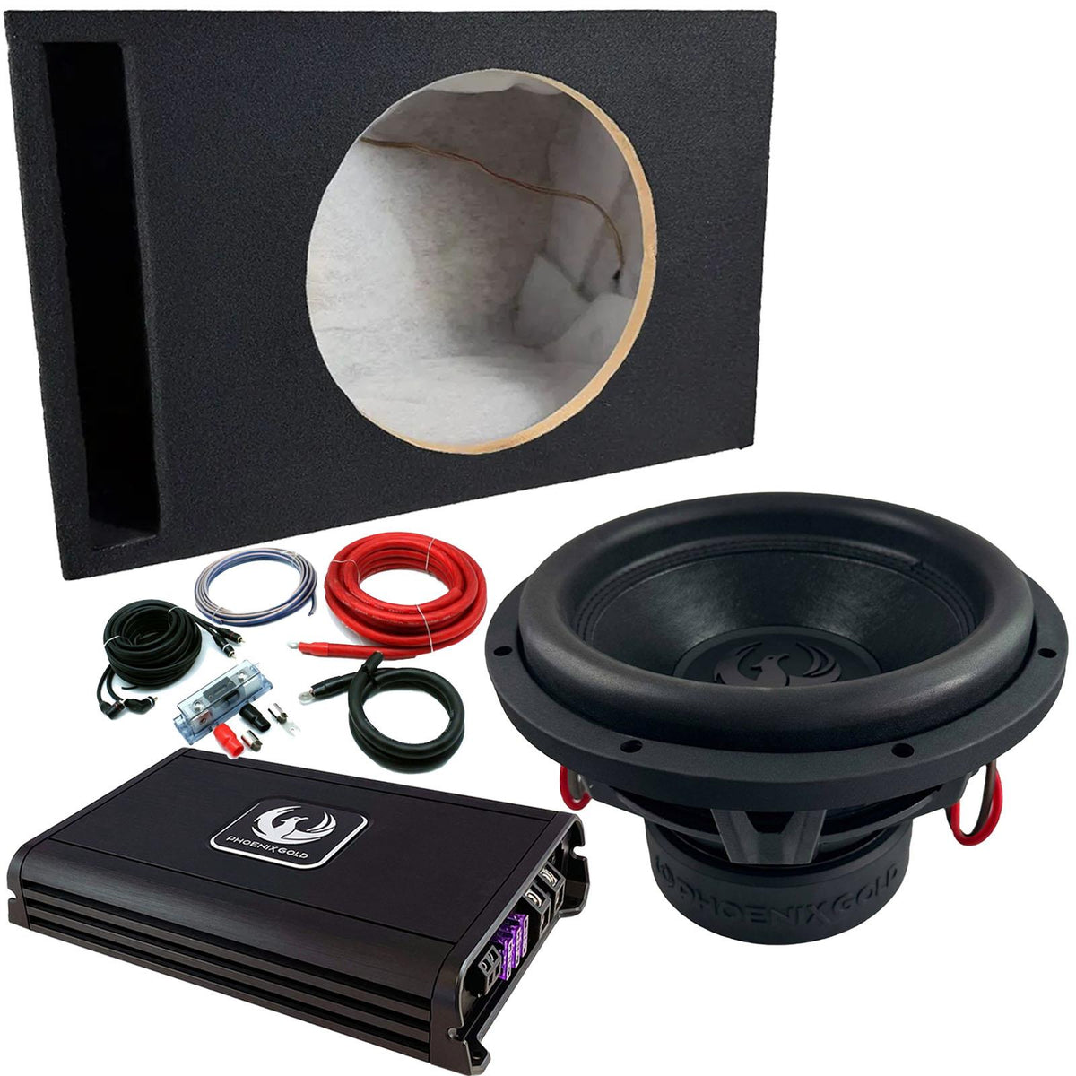 Phoenix Gold 12" 4500 Watts Subwoofer With Amp Sub Box and Wiring Kit Package