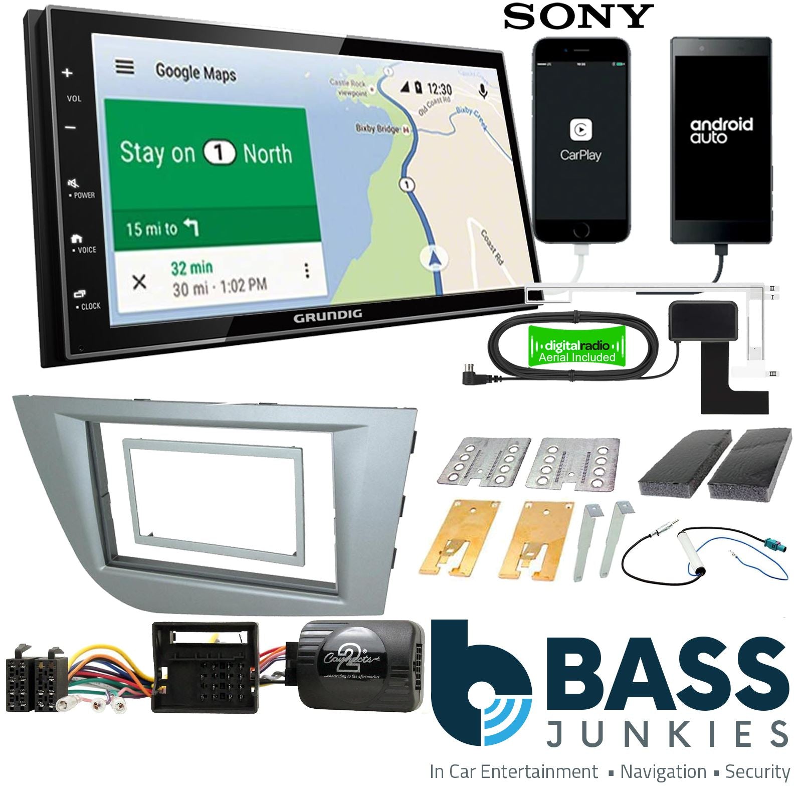 Grundig 6.8" Apple Android Double Din Stereo Fitting Kit + Steering Wheel Stalk Controls to fit Seat Leon 2005-12