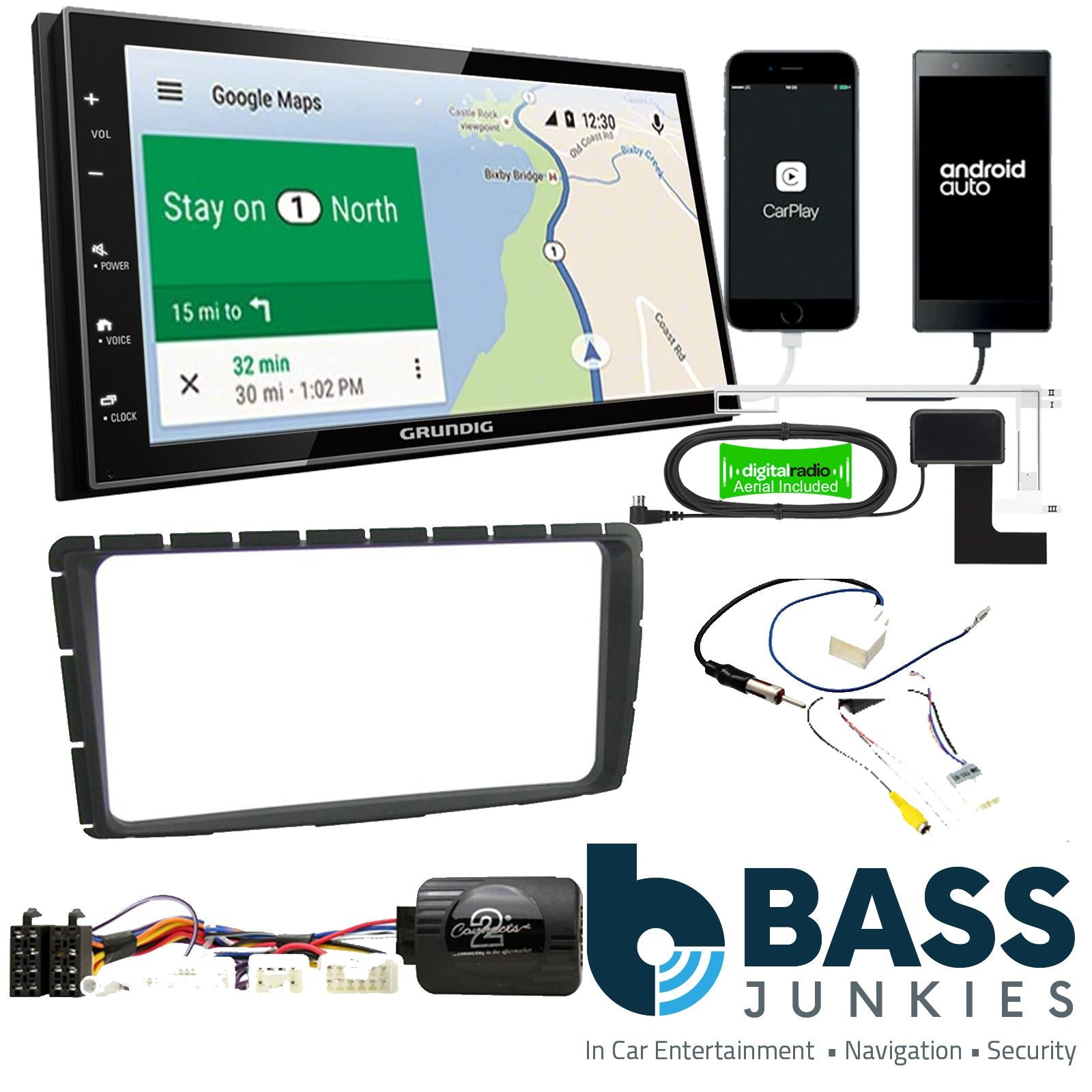 Grundig 6.8" Apple Android Double Din Stereo Fitting Kit + Steering Wheel Stalk Controls to fit Toyota Hilux 2012-15