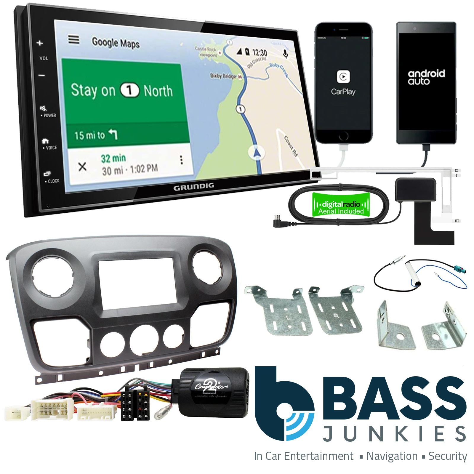 Grundig 6.8" Apple Android Double Din Stereo Fitting Kit + Steering Wheel Stalk Controls to fit Vauxhall Movano 2013- | Opel Movano 2013-