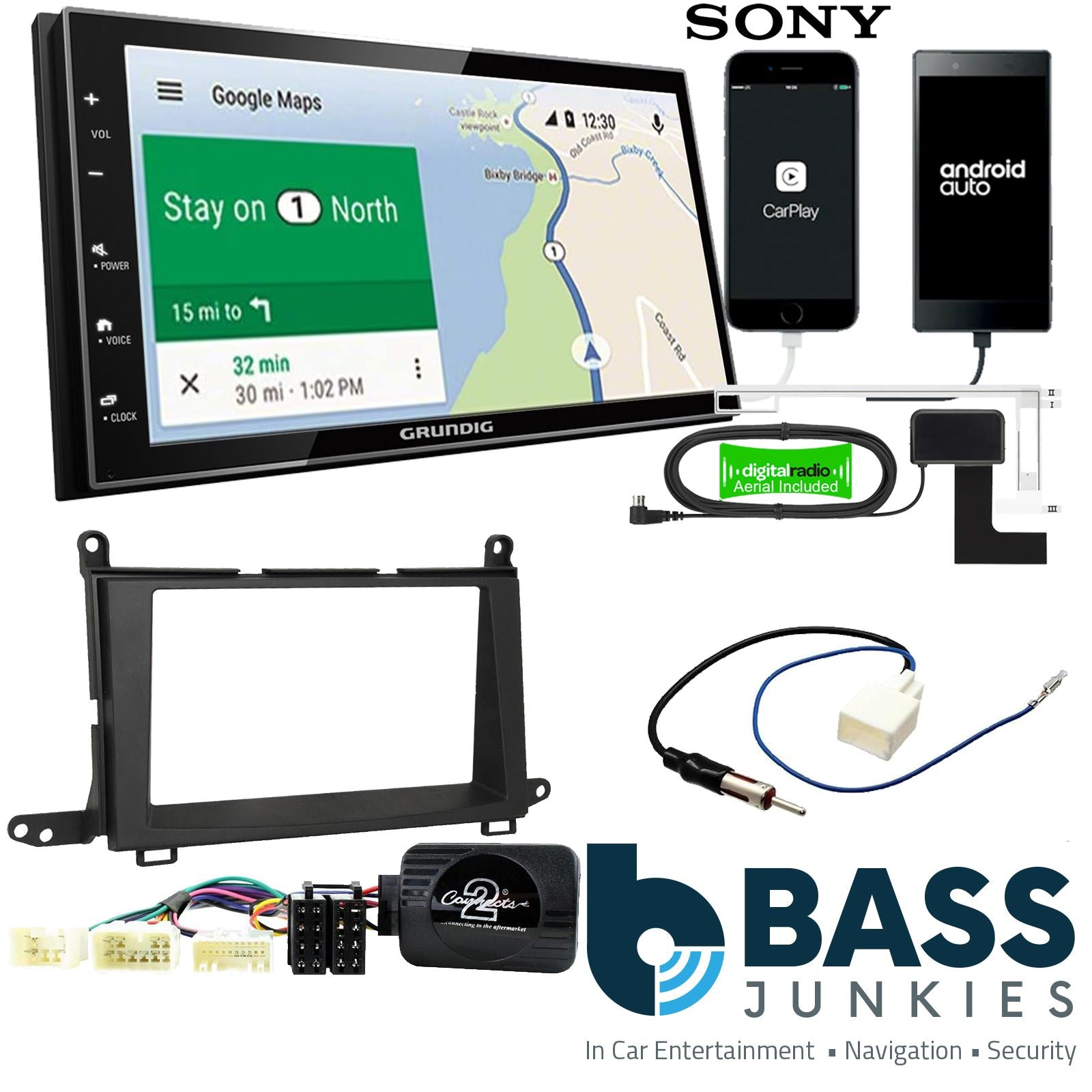 Grundig 6.8" Apple Android Double Din Stereo Fitting Kit + Steering Wheel Stalk Controls to fit Toyota Venza 2009-15