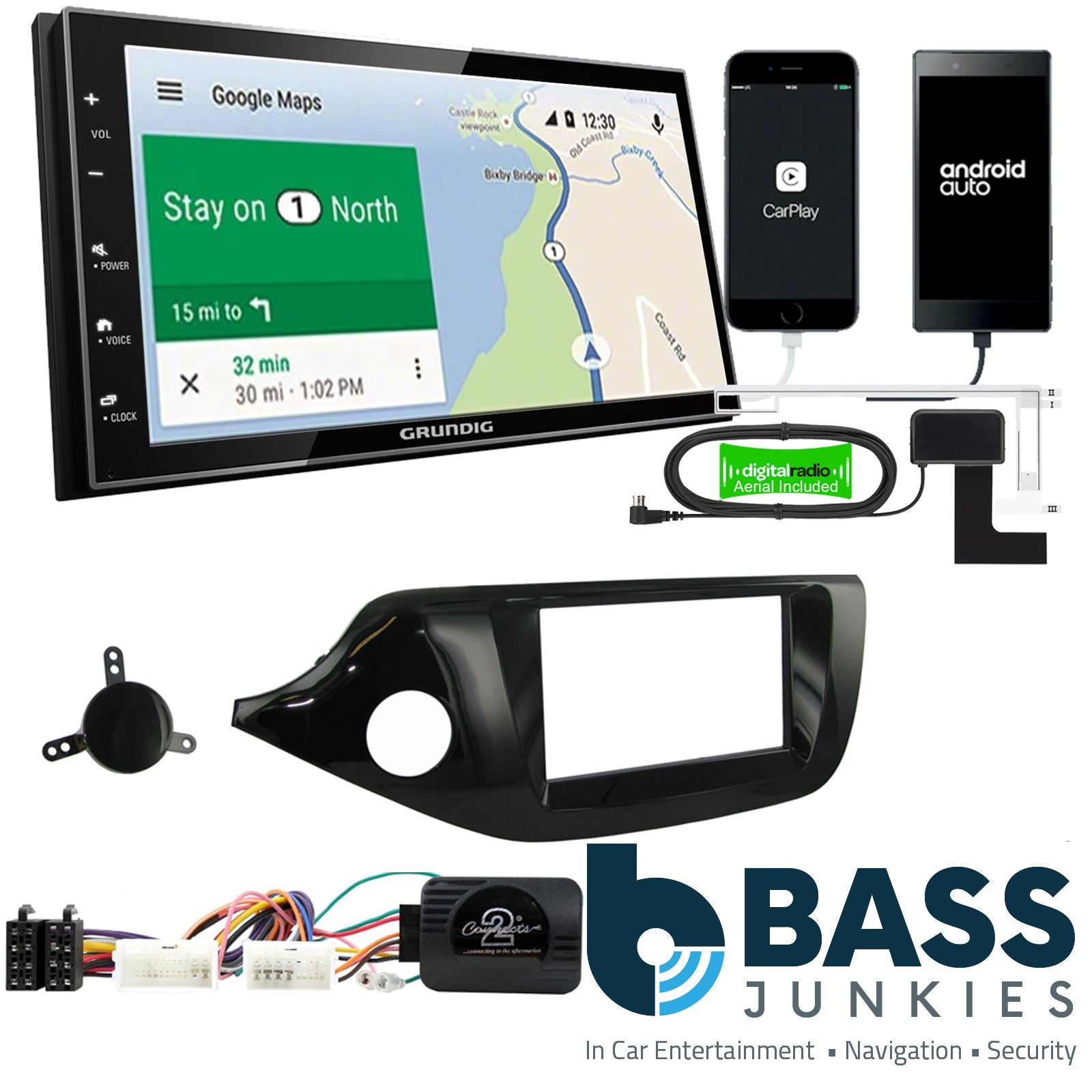 Grundig 6.8" Apple Android Double Din Stereo Fitting Kit + Steering Wheel Stalk Controls to fit Kia Cee'd 2012-18 | Kia Pro-Cee'd 2012-18