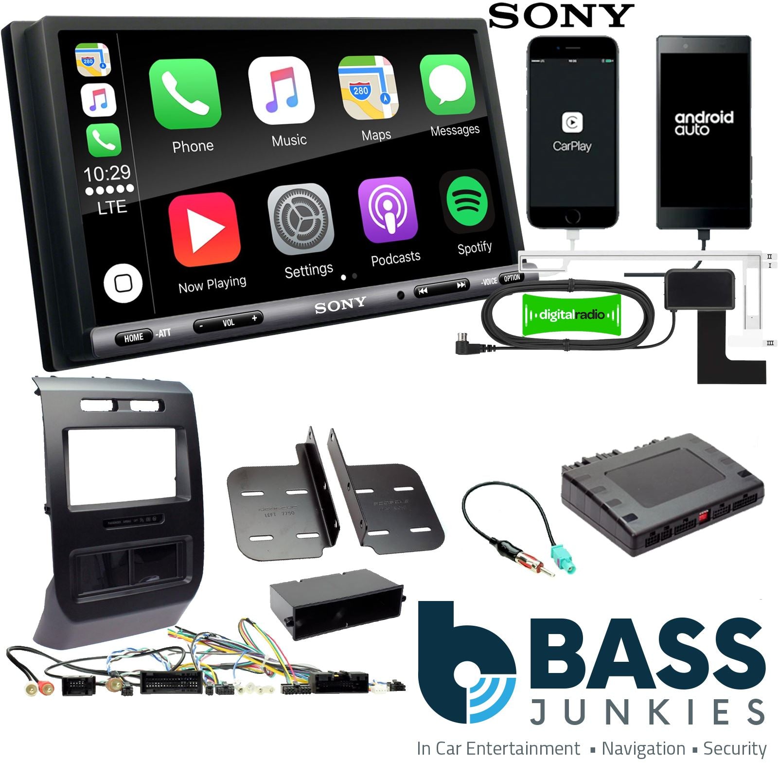 SONY DAB+ Apple | Android Double Din Stereo Fitting Kit + Steering Wheel Stalk Controls to fit Ford F-150 2015-20