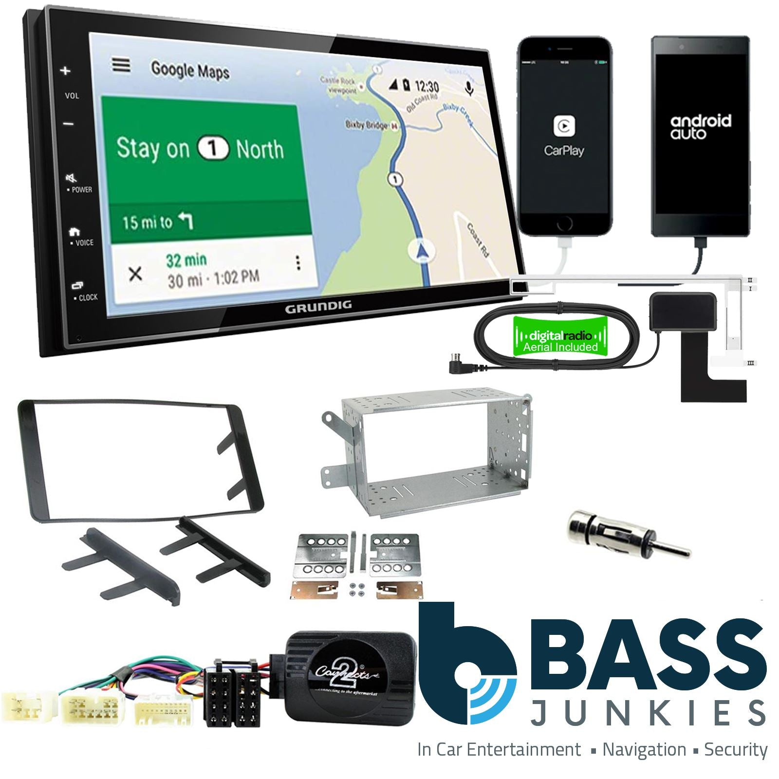Grundig 6.8" Apple Android Double Din Stereo Fitting Kit + Steering Wheel Stalk Controls to fit Toyota Fortuner 2007-15