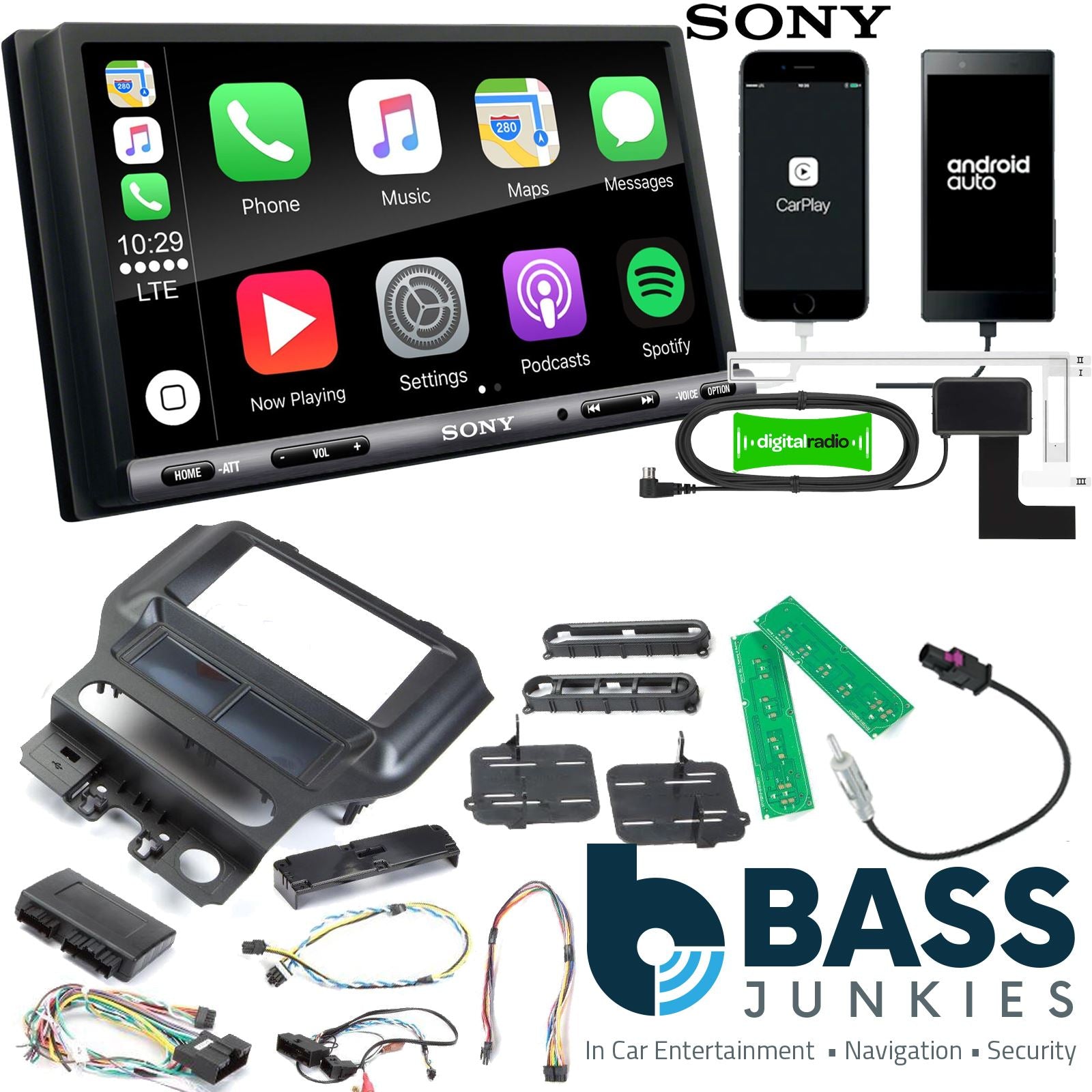 SONY DAB+ Apple | Android Double Din Stereo Fitting Kit + Steering Wheel Stalk Controls to fit Ford Mustang 2015-21