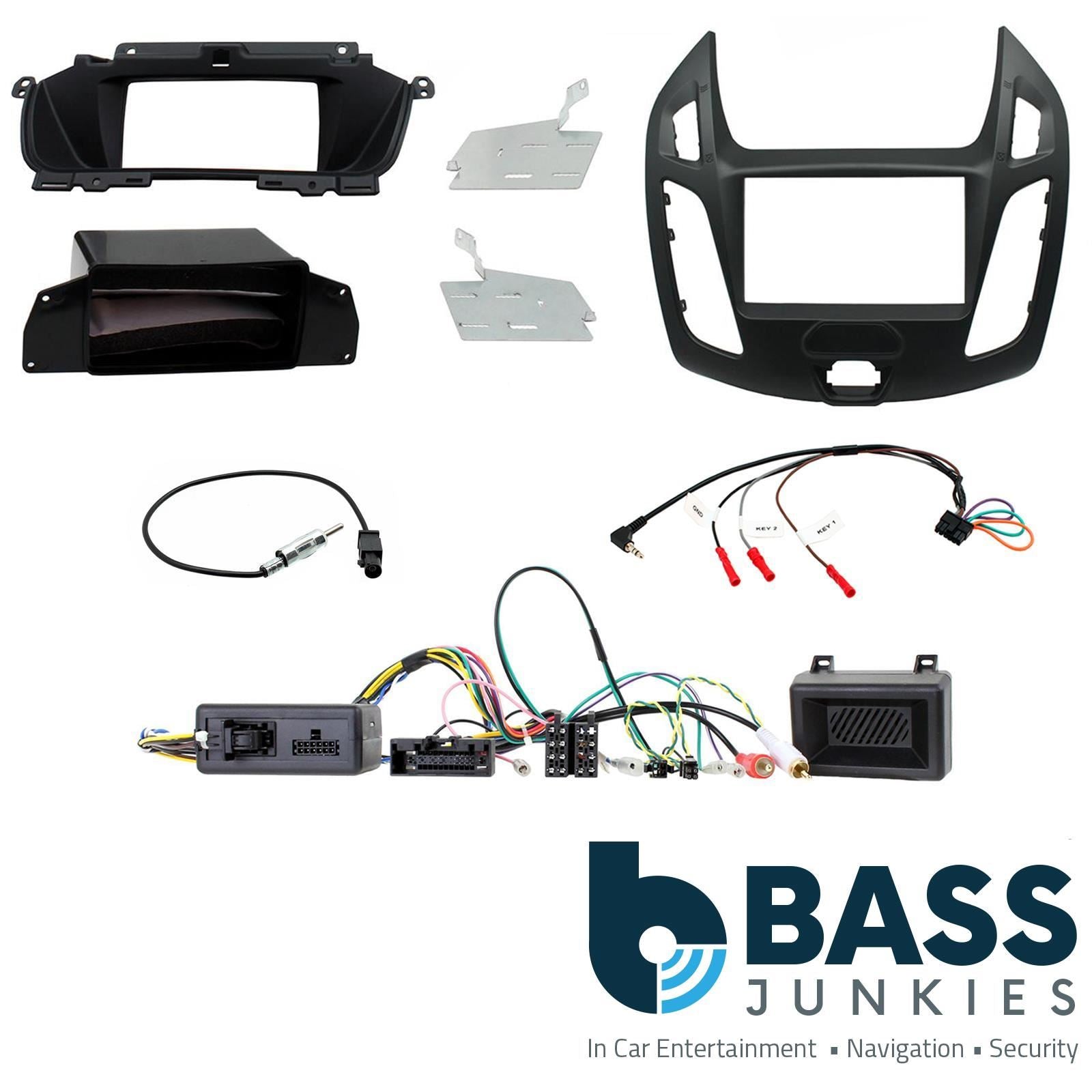 Double Din Stereo Fitting Kit + Steering Wheel Stalk Controls to fit Ford Transit-Connect 13-