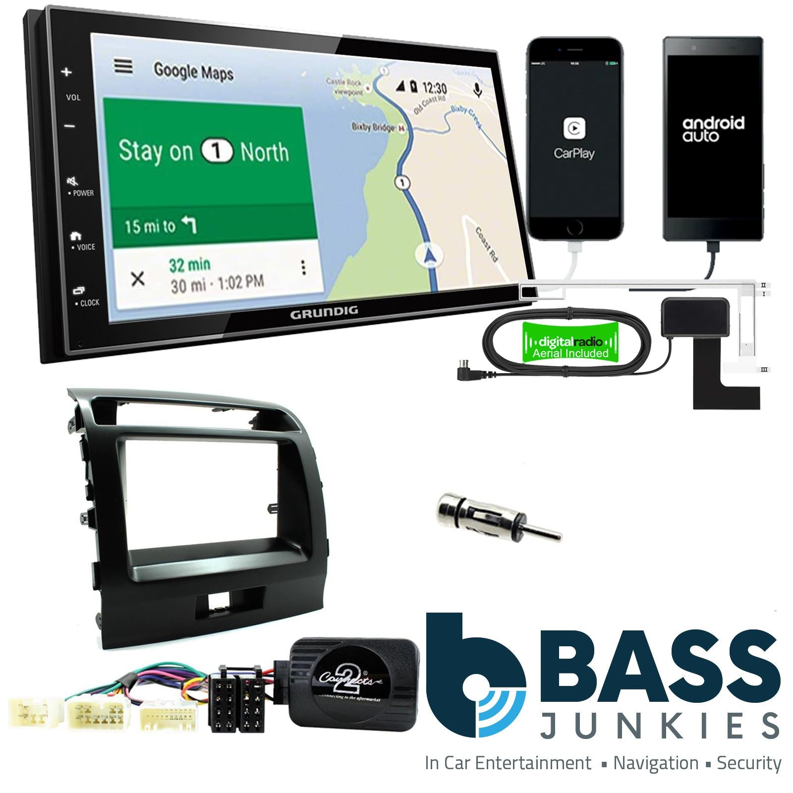 Grundig 6.8" Apple Android Double Din Stereo Fitting Kit + Steering Wheel Stalk Controls to fit Toyota Landcruiser 03-09