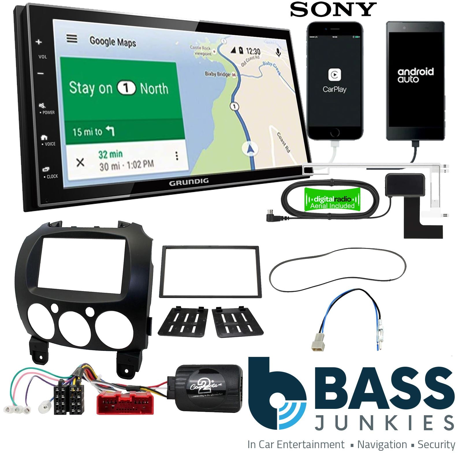 Grundig 6.8" Apple Android Double Din Stereo Fitting Kit + Steering Wheel Stalk Controls to fit Mazda 2 2008-14