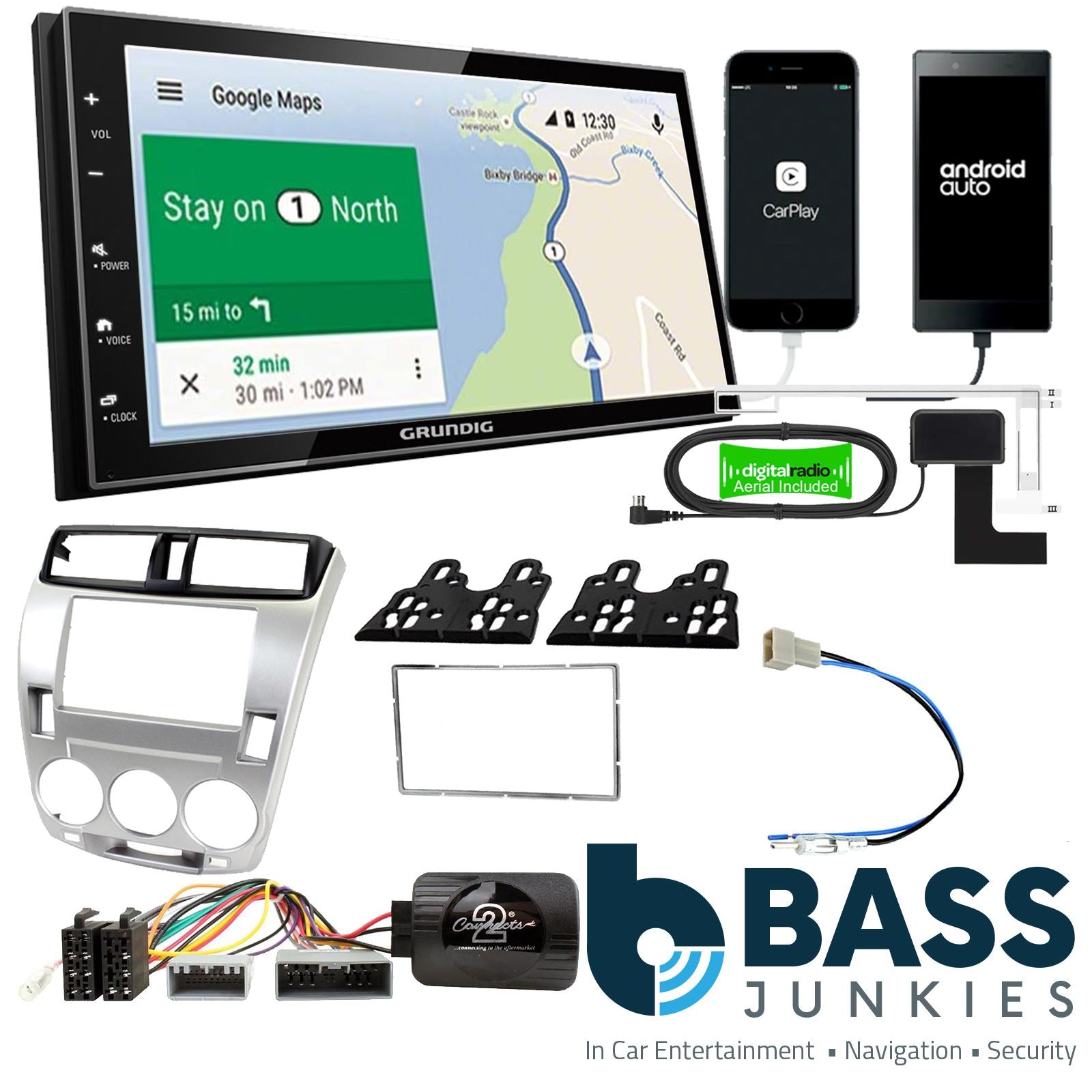 Grundig 6.8" Apple Android Double Din Stereo Fitting Kit + Steering Wheel Stalk Controls to fit Honda City 2008-14