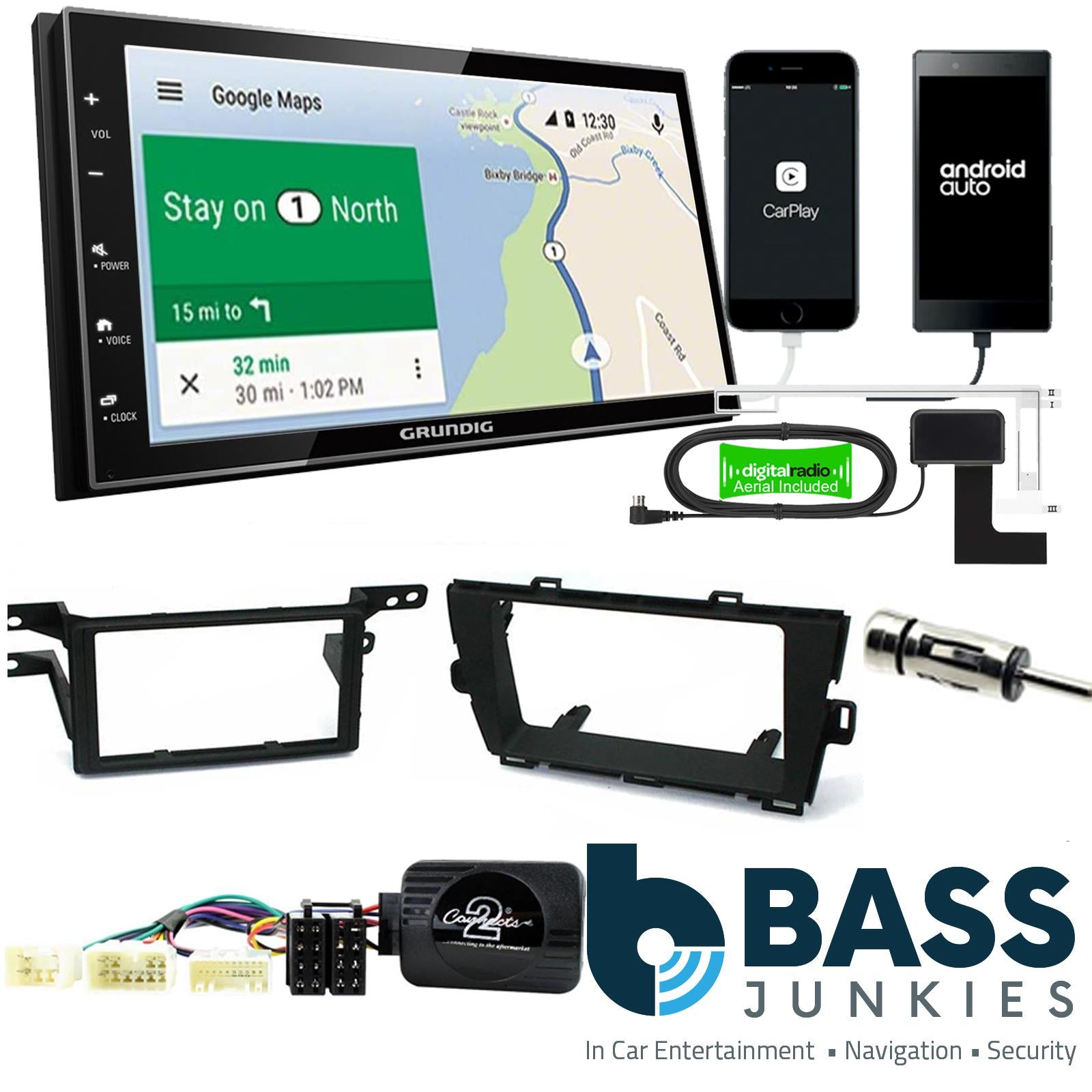 Grundig 6.8" Apple Android Double Din Stereo Fitting Kit + Steering Wheel Stalk Controls to fit Toyota Prius 2009-15