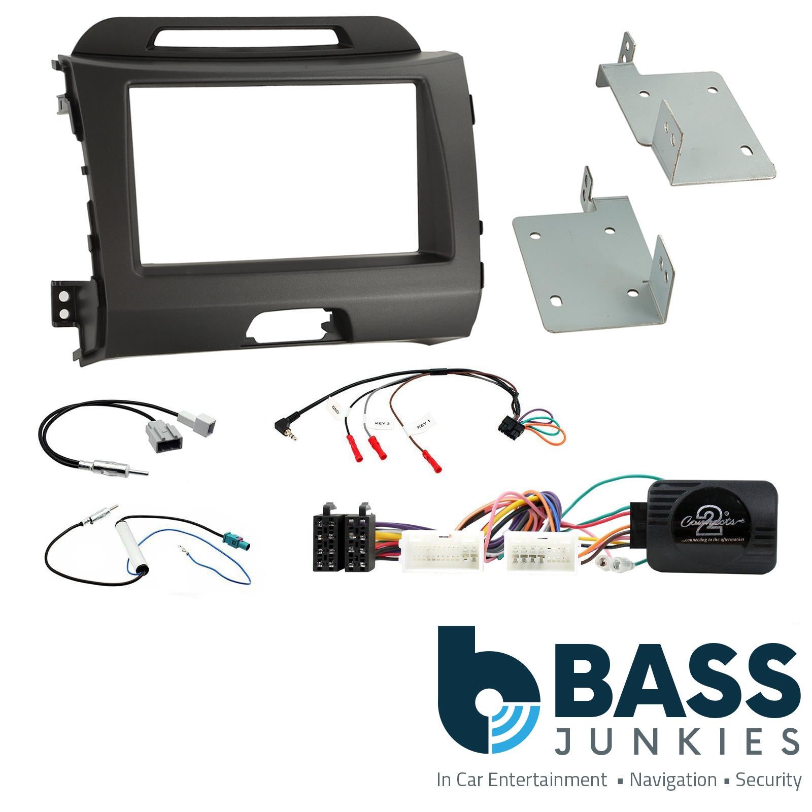 Connects 2 CTKKI02 - KIA Sportage 2010 - 2015 Double Din Facia & Steering wheel Interface Fitting Installation Kit (Black Facia Panel)