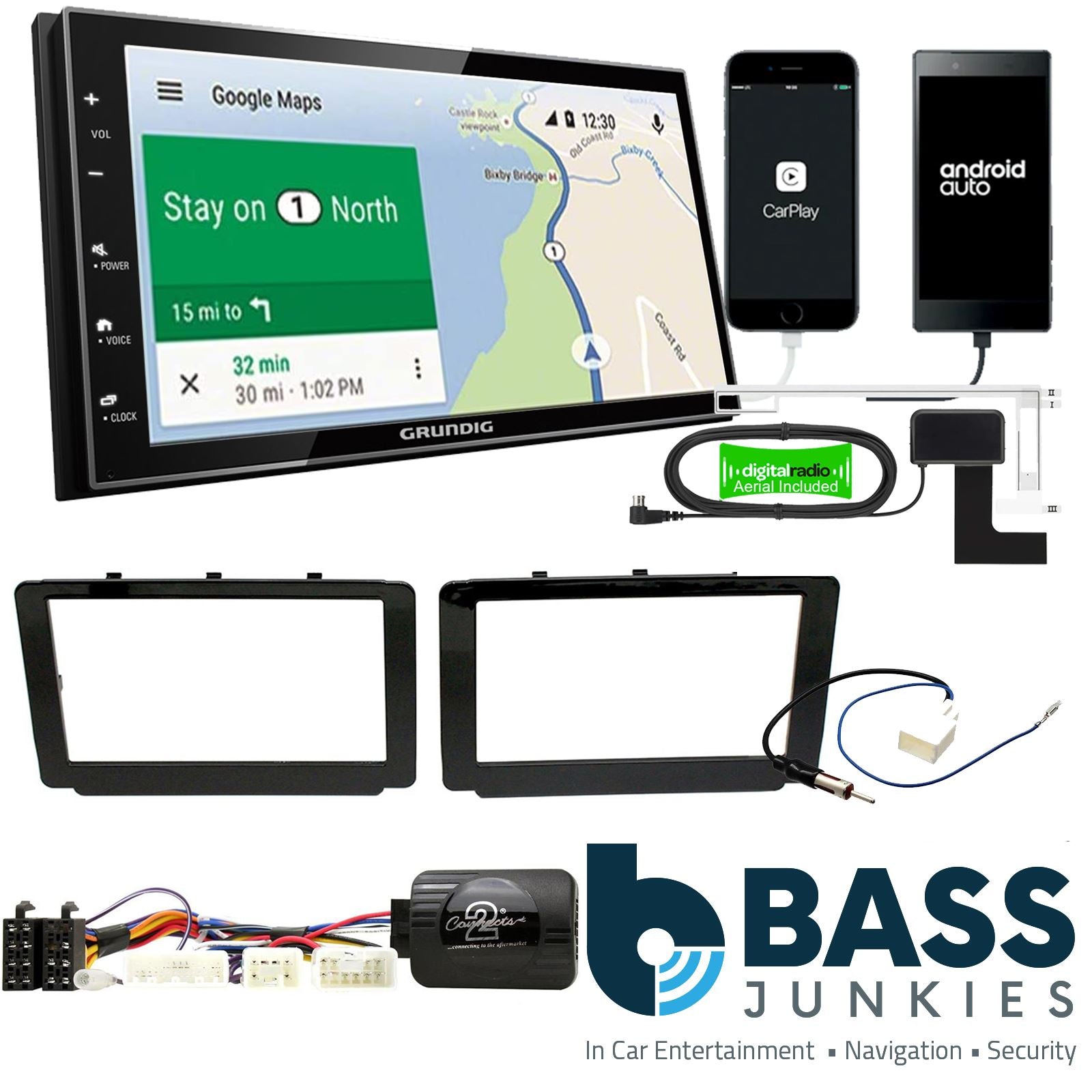 Grundig 6.8" Apple Android Double Din Stereo Fitting Kit + Steering Wheel Stalk Controls to fit Toyota Hilux 2015-18