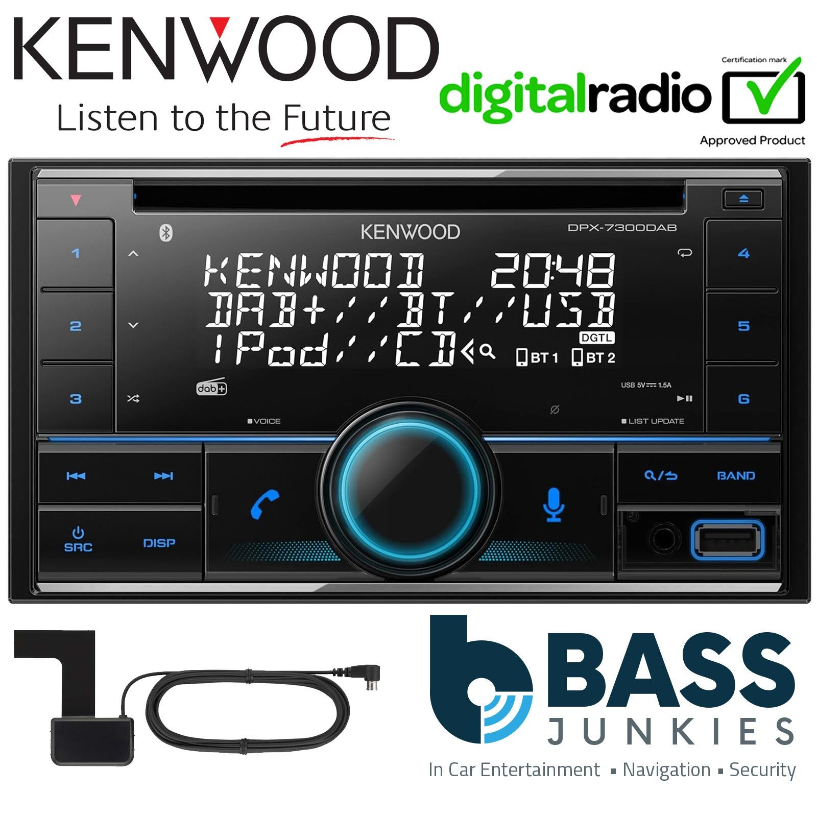Kenwood DPX-7300DAB Double Din Bluetooth DAB USB iPhone Alexa Android Car Stereo