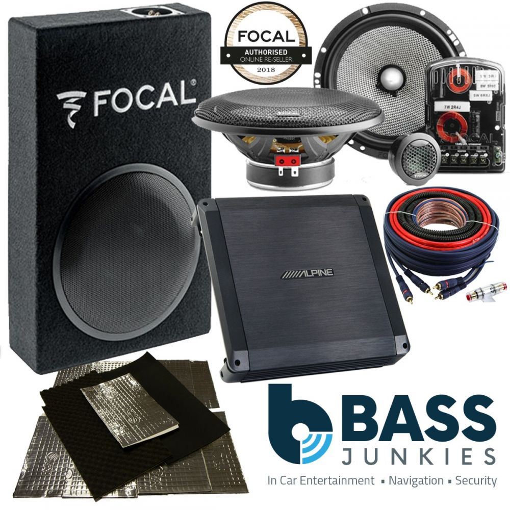Focal 8" 250W Passive Car Subwoofer Box & Focal 6.5" 120W Component Speakers & Alpine 300W 2-Channel Amplifier & Large Sound Deadening Bass Package Kit