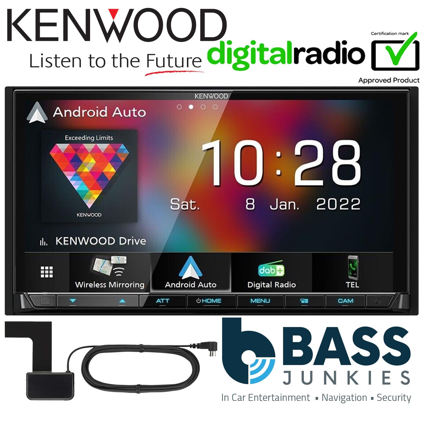 Kenwood DMX8021DABS 7" Screen CarPlay Android Bluetooth DAB+ Car Stereo & Aerial