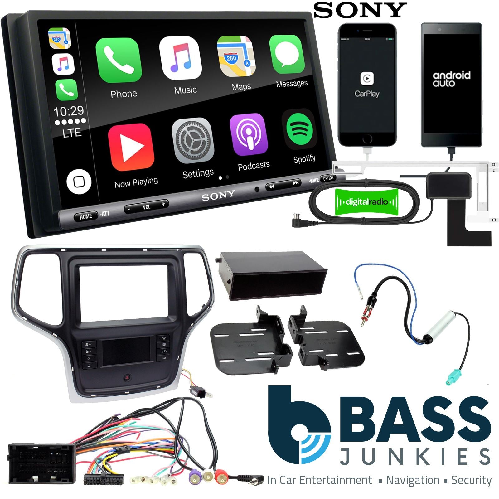 SONY DAB+ Apple | Android Double Din Stereo Fitting Kit + Steering Wheel Stalk Controls to fit Jeep Grand-Cherokee 14-21